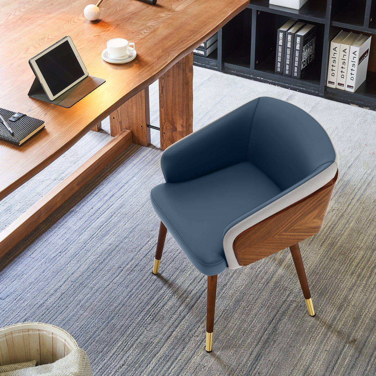 ARTPLAN Modern Dining Chair Faux Leather, Walnut Top Metal Legs Kitchen Seat，set of 1/set of 2
