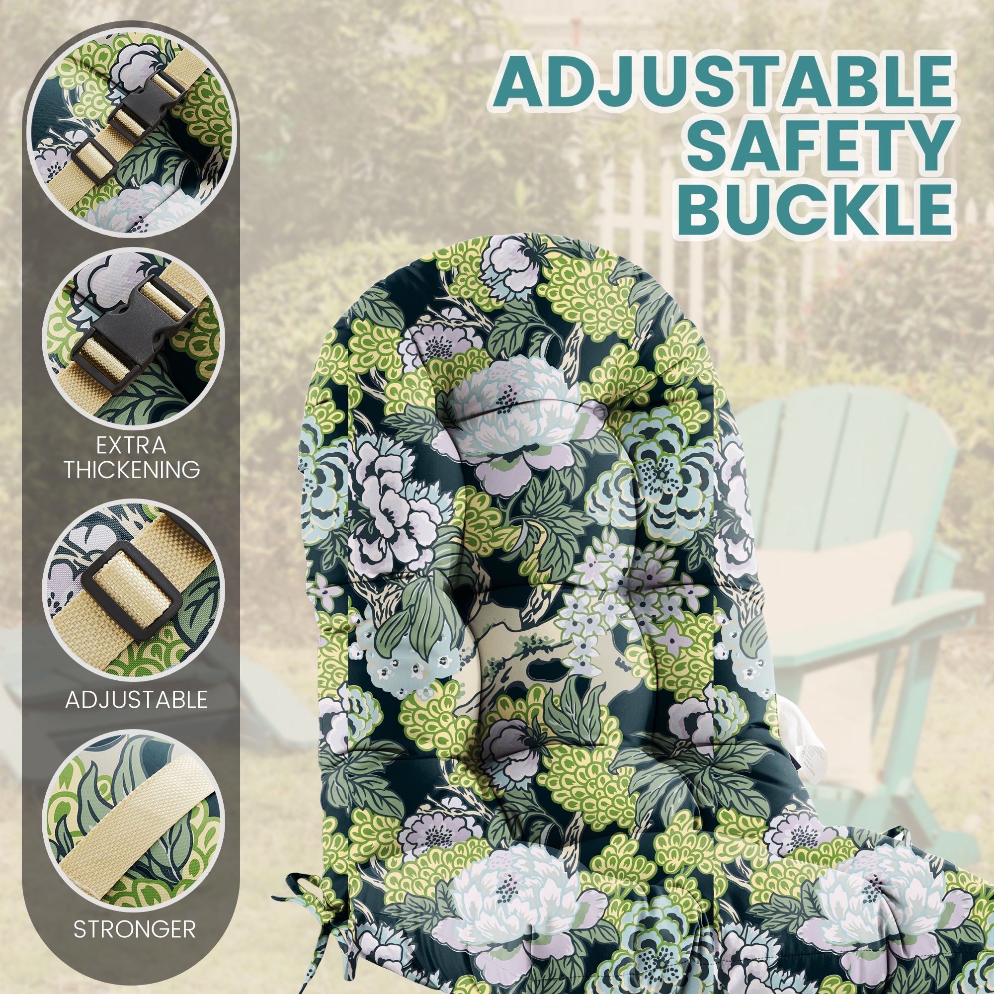 Floral High-Back Seat Cushion - Waterproof Outdoor Adirondack Chair Cushion for Patio Furniture with Tie, Vibrant Patterns, Premium Elastic Padding, Multi-Scenario Use