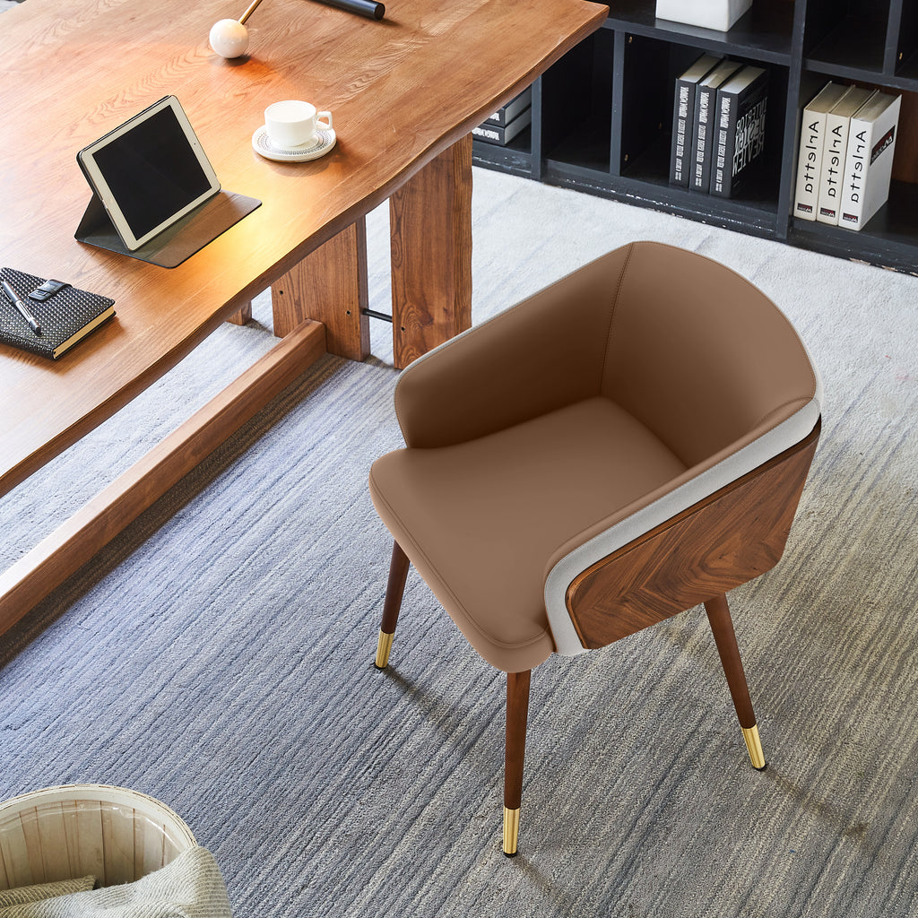 ARTPLAN Modern Dining Chair Faux Leather, Walnut Top Metal Legs Kitchen Seat，set of 1/set of 2