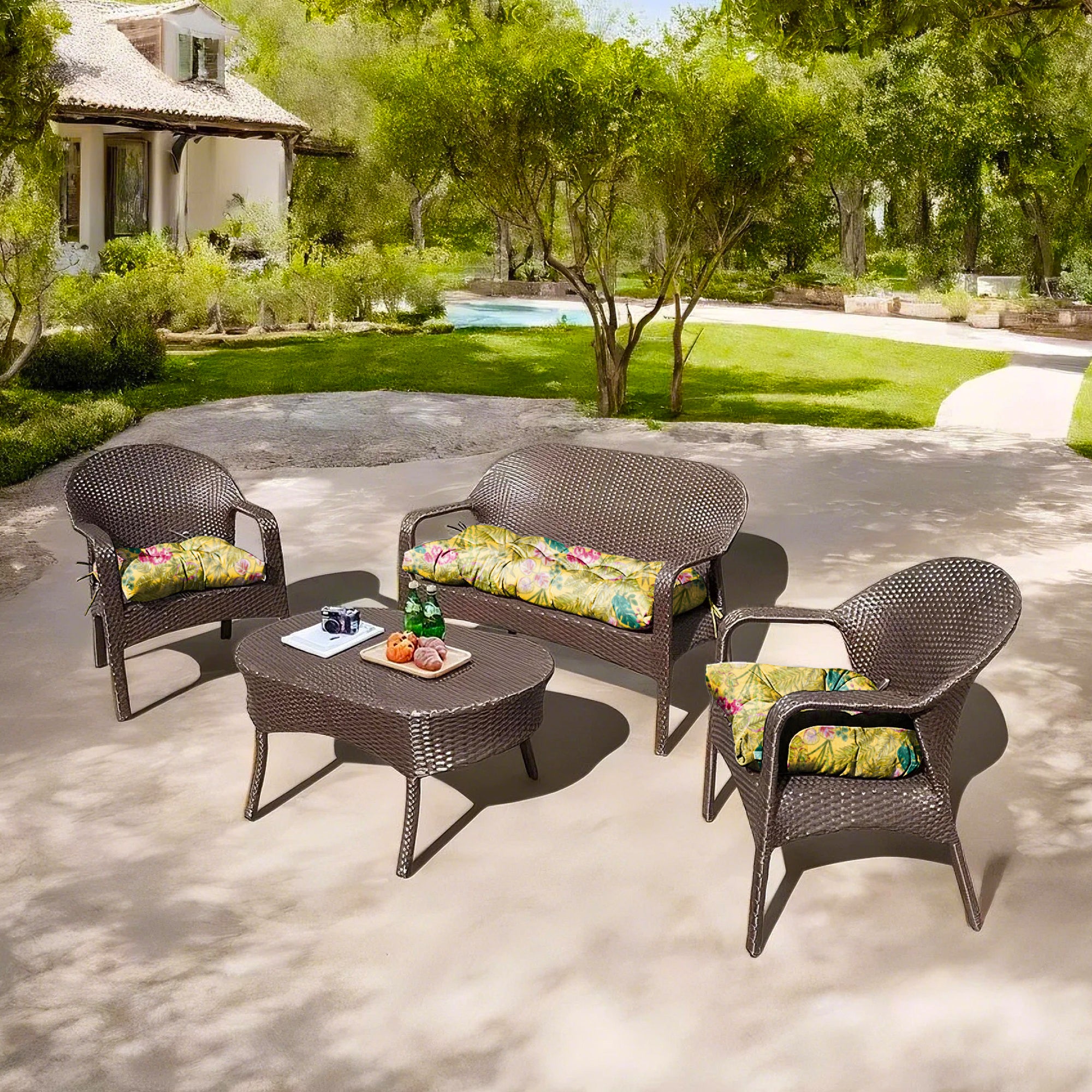 3 Pieces Outdoor Chair Cushions Set–Waterproof Tufted Cushions with Ties for Patio coversation, Loveseat & Bench, 44"x19"x5" UV-Resistant & Fade-Proof with Premium Polyester Filled