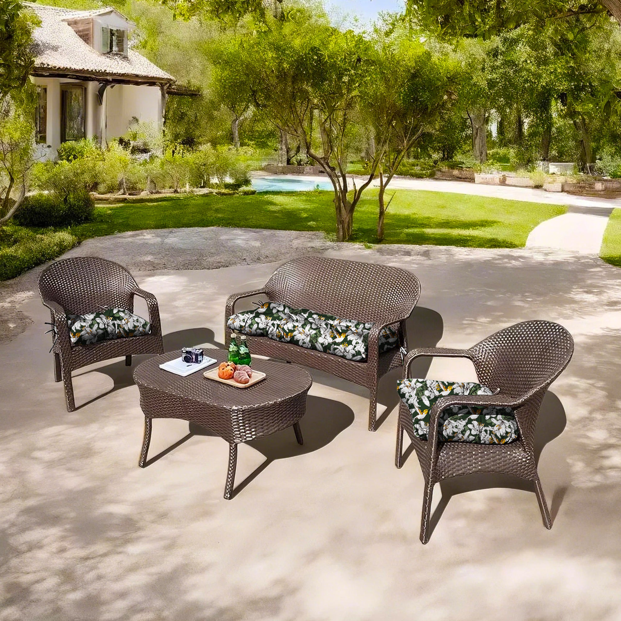 3 Pieces Outdoor Chair Cushions Set–Waterproof Tufted Cushions with Ties for Patio coversation, Loveseat & Bench, 44"x19"x5" UV-Resistant & Fade-Proof with Premium Polyester Filled