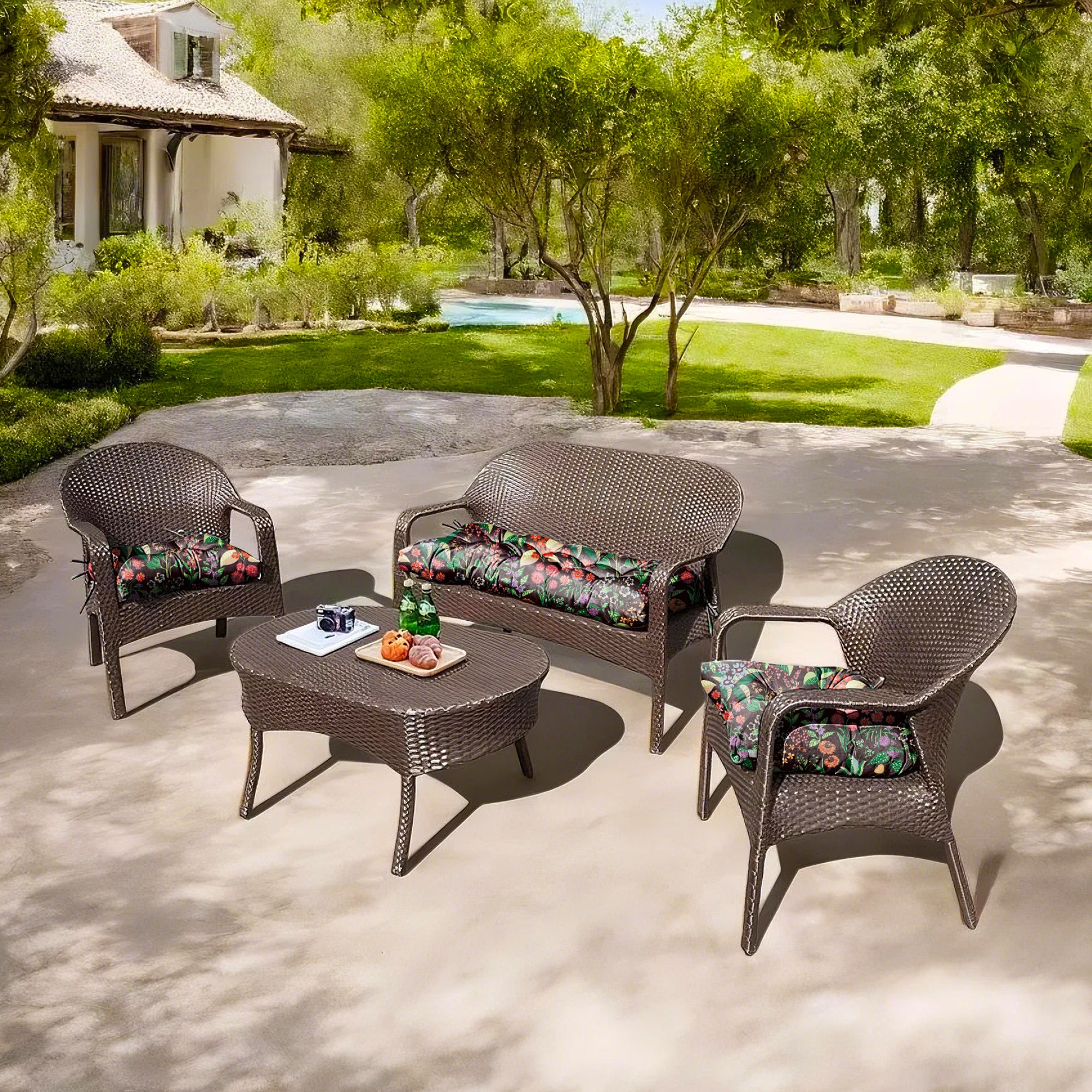 3 Pieces Outdoor Chair Cushions Set–Waterproof Tufted Cushions with Ties for Patio coversation, Loveseat & Bench, 44"x19"x5" UV-Resistant & Fade-Proof with Premium Polyester Filled