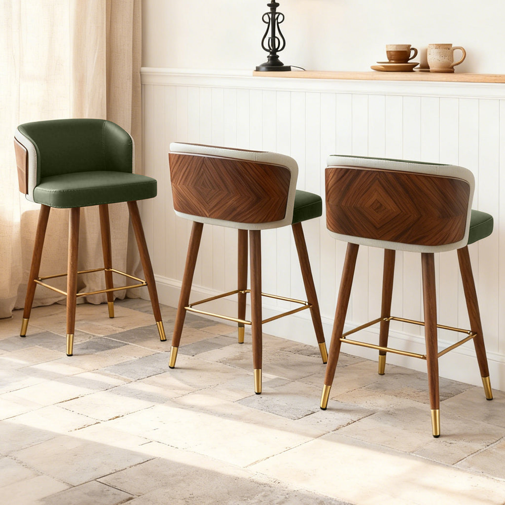 Mid Century Modern Bar Stools for Counter Height - Leather Upholstered Seat with Walnut Wood Frame, Retro 33 Inch Bar Chairs for Home Kitchen Island, Bar, Breakfast Nook