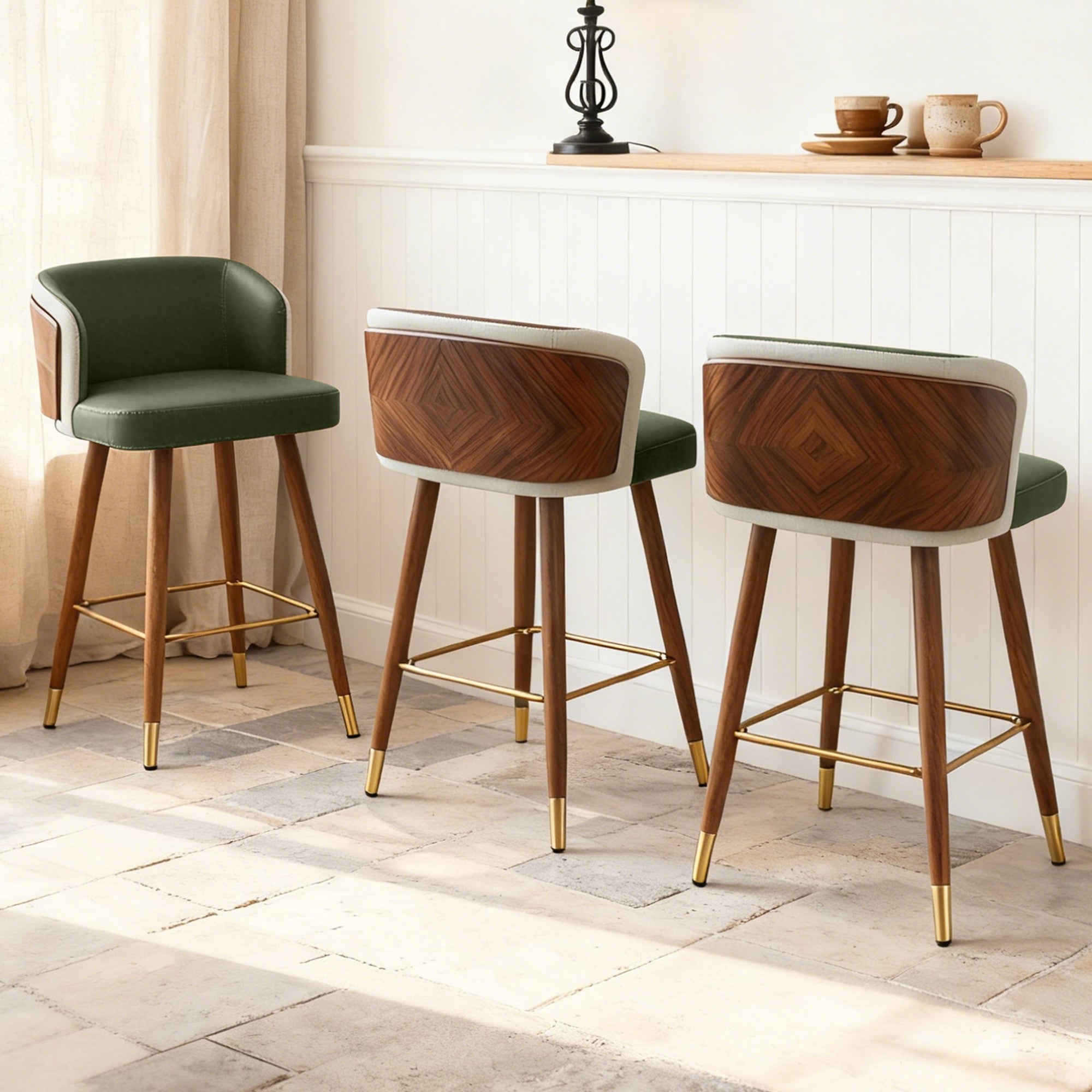 Mid Century Modern Bar Stools for Counter Height - Leather Upholstered Seat with Walnut Wood Frame, Retro 33 Inch Bar Chairs for Home Kitchen Island, Bar, Breakfast Nook