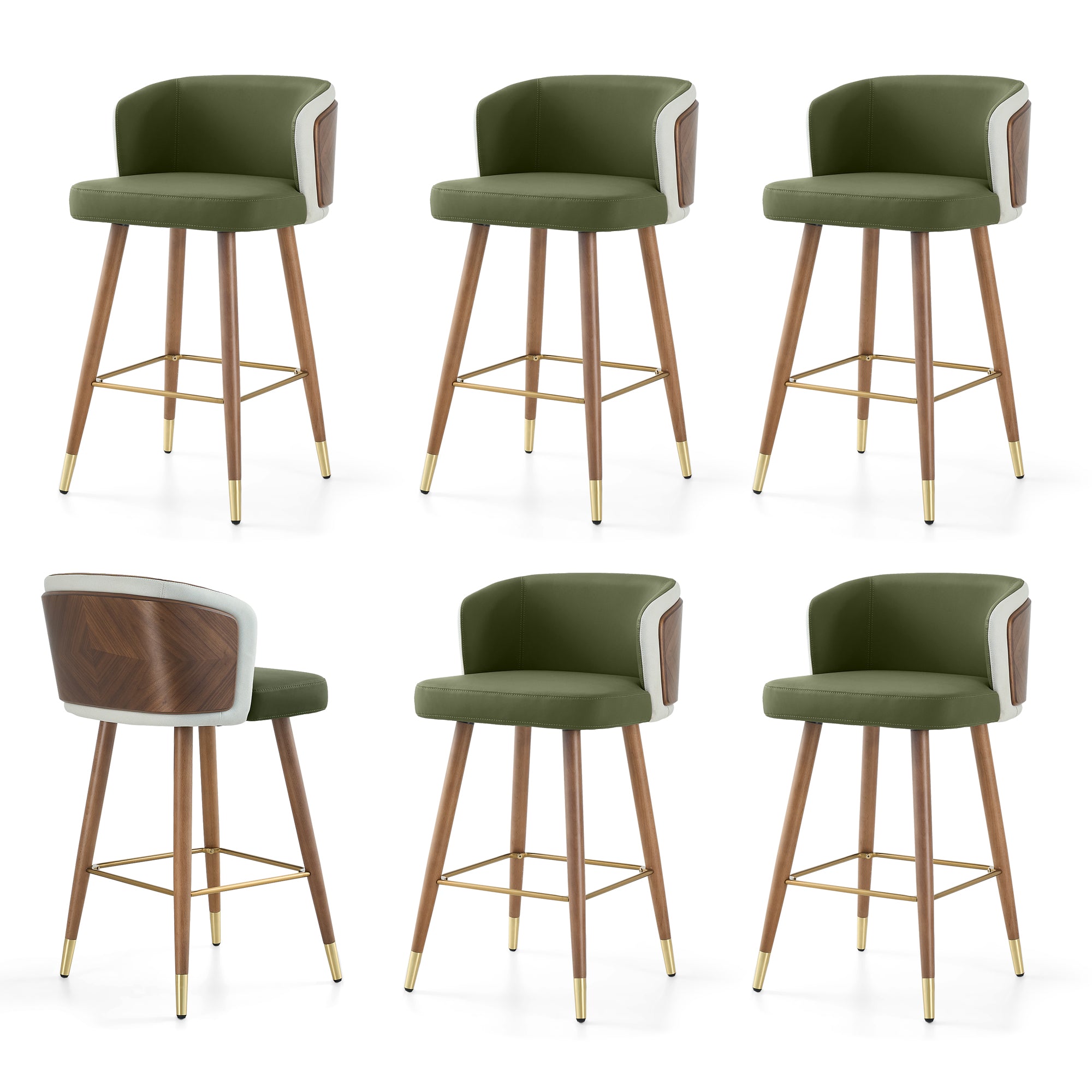 Mid Century Modern Bar Stools for Counter Height - Leather Upholstered Seat with Walnut Wood Frame, Retro 33 Inch Bar Chairs for Home Kitchen Island, Bar, Breakfast Nook