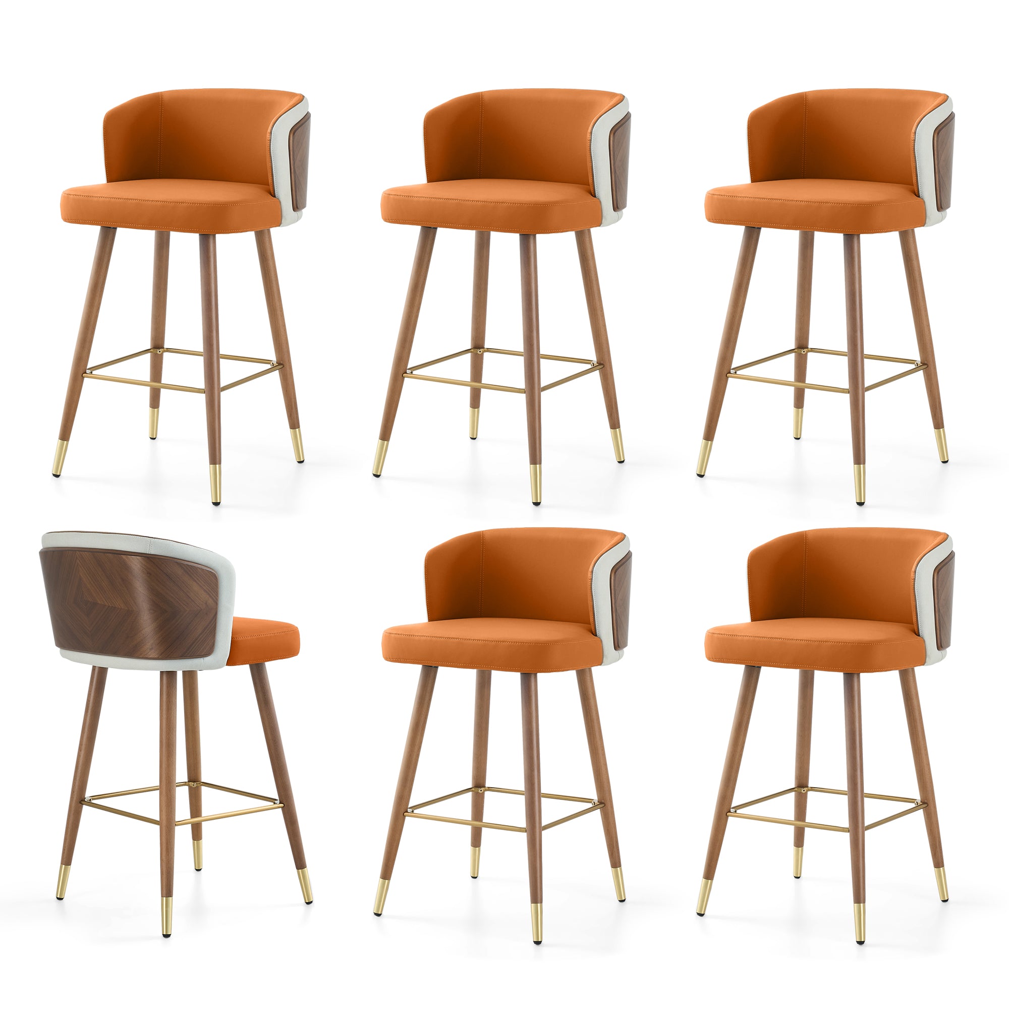 Mid Century Modern Bar Stools for Counter Height - Leather Upholstered Seat with Walnut Wood Frame, Retro 33 Inch Bar Chairs for Home Kitchen Island, Bar, Breakfast Nook
