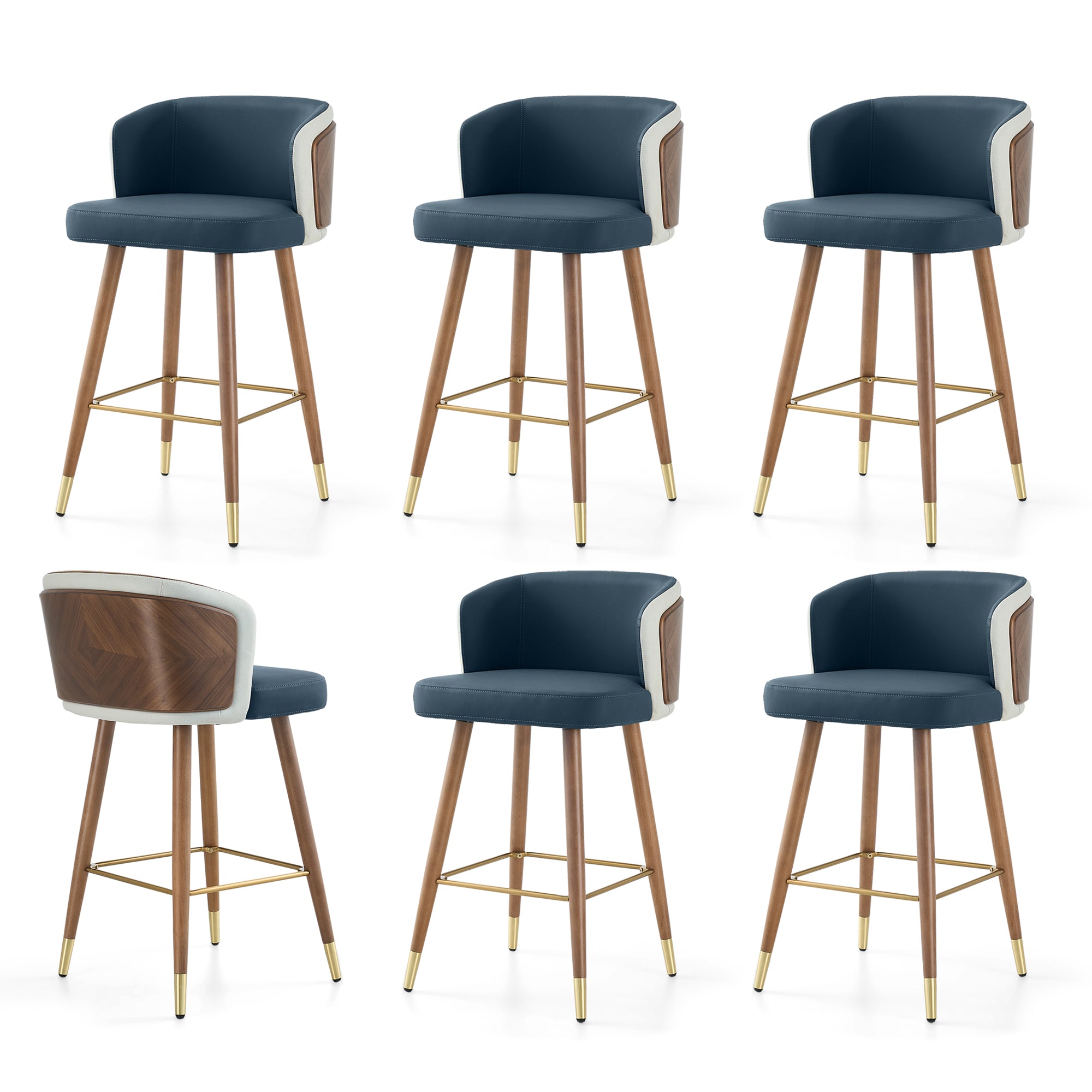 Mid Century Modern Bar Stools for Counter Height - Leather Upholstered Seat with Walnut Wood Frame, Retro 33 Inch Bar Chairs for Home Kitchen Island, Bar, Breakfast Nook