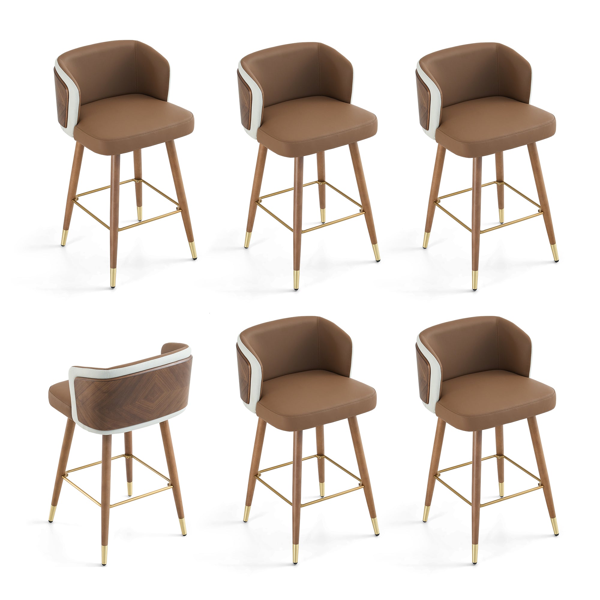 Mid Century Modern Bar Stools for Counter Height - Leather Upholstered Seat with Walnut Wood Frame, Retro 33 Inch Bar Chairs for Home Kitchen Island, Bar, Breakfast Nook