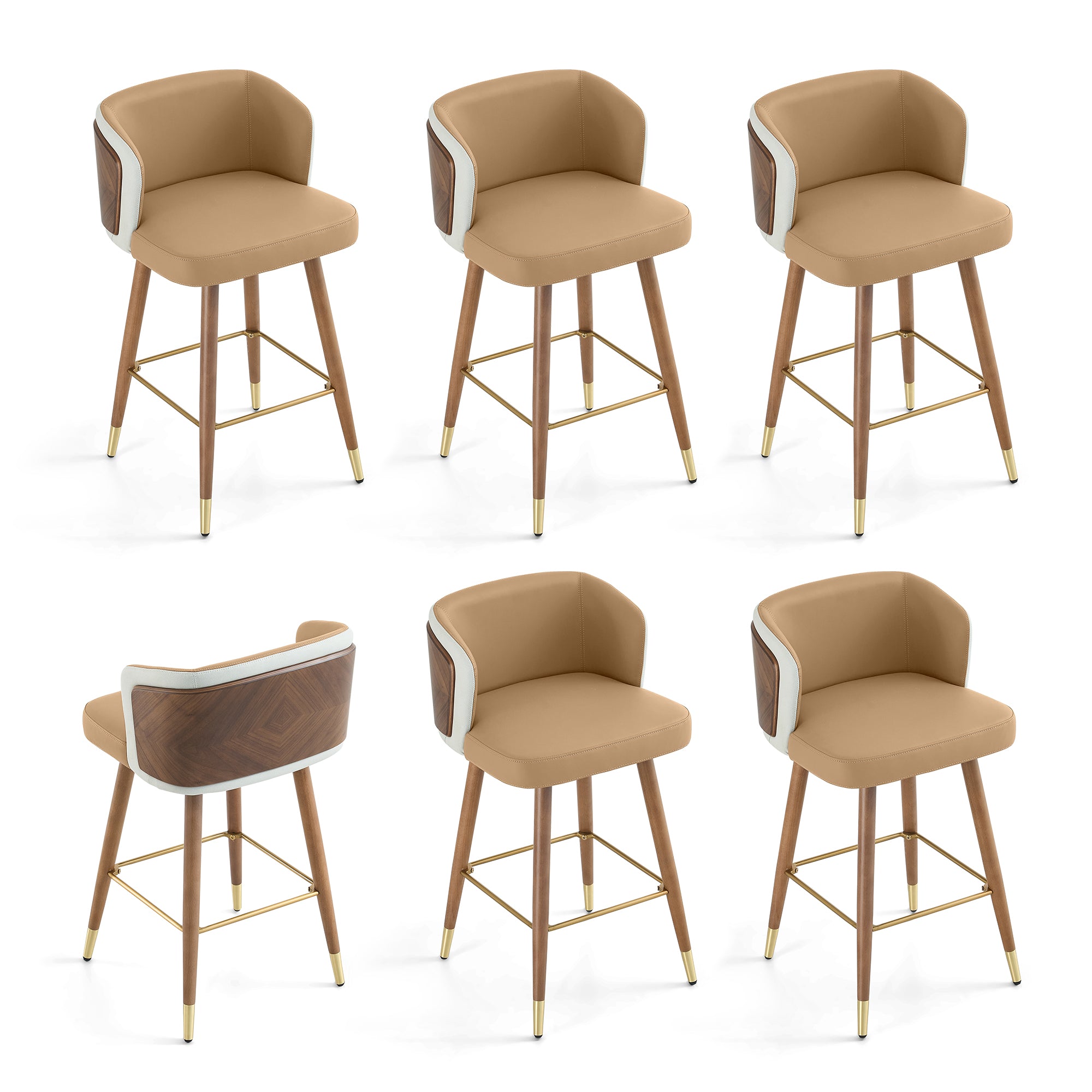 Mid Century Modern Bar Stools for Counter Height - Leather Upholstered Seat with Walnut Wood Frame, Retro 33 Inch Bar Chairs for Home Kitchen Island, Bar, Breakfast Nook