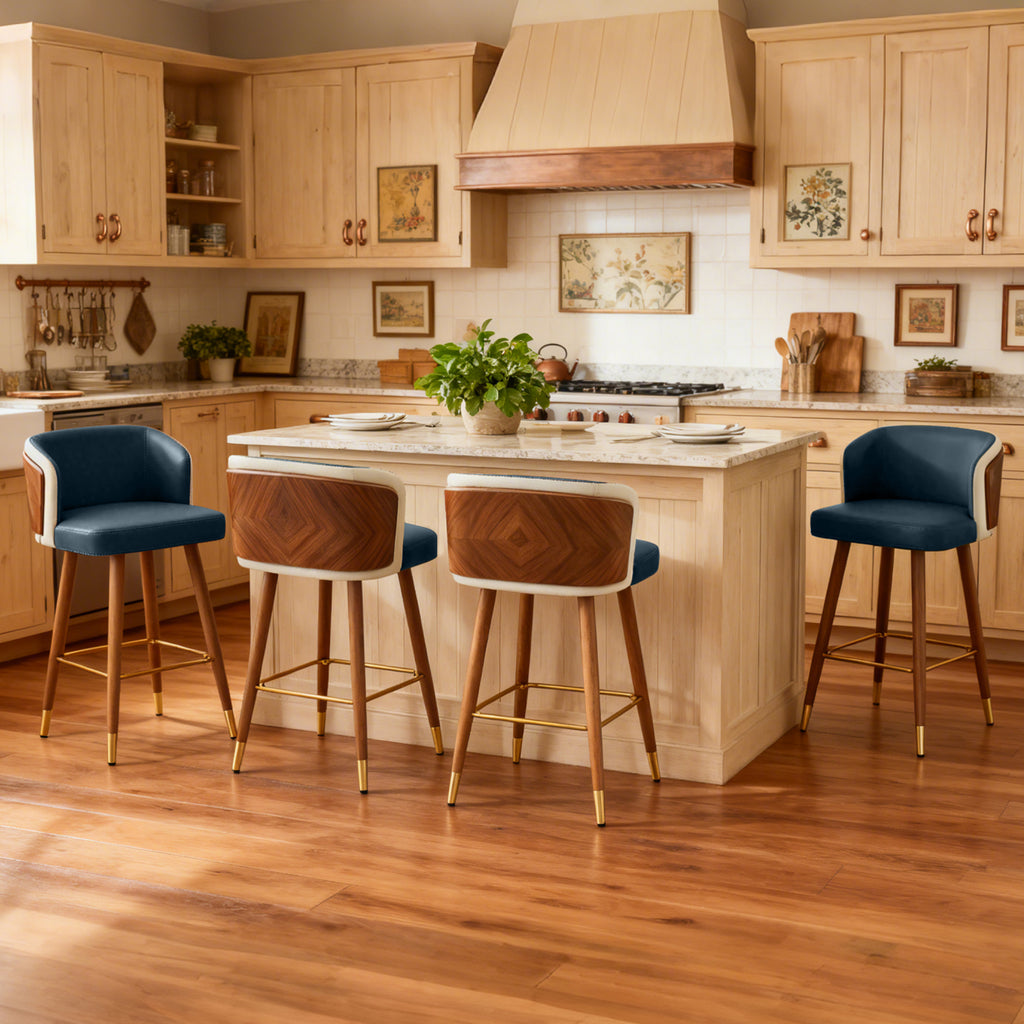 Mid Century Modern Bar Stools for Counter Height - Leather Upholstered Seat with Walnut Wood Frame, Retro 33 Inch Bar Chairs for Home Kitchen Island, Bar, Breakfast Nook