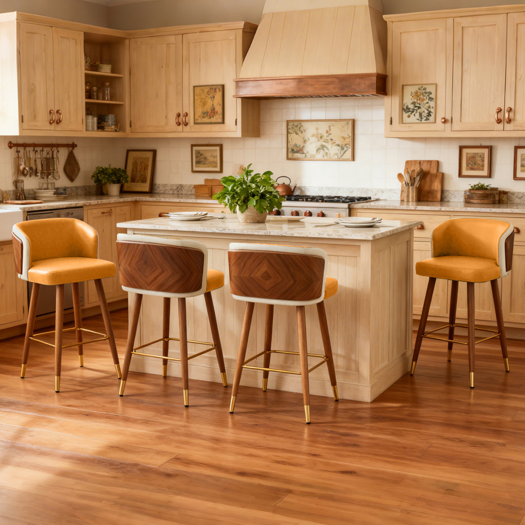 Mid Century Modern Bar Stools for Counter Height - Leather Upholstered Seat with Walnut Wood Frame, Retro 33 Inch Bar Chairs for Home Kitchen Island, Bar, Breakfast Nook