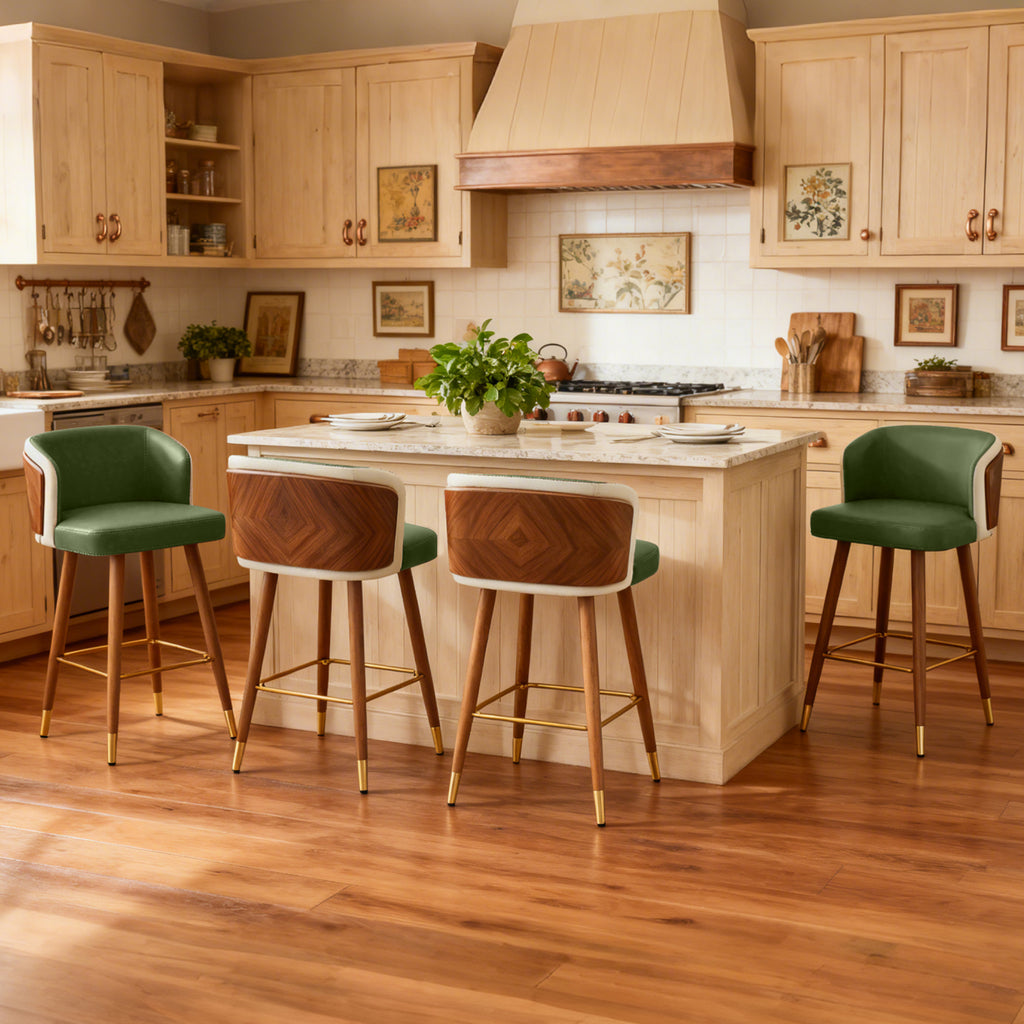 Mid Century Modern Bar Stools for Counter Height - Leather Upholstered Seat with Walnut Wood Frame, Retro 33 Inch Bar Chairs for Home Kitchen Island, Bar, Breakfast Nook