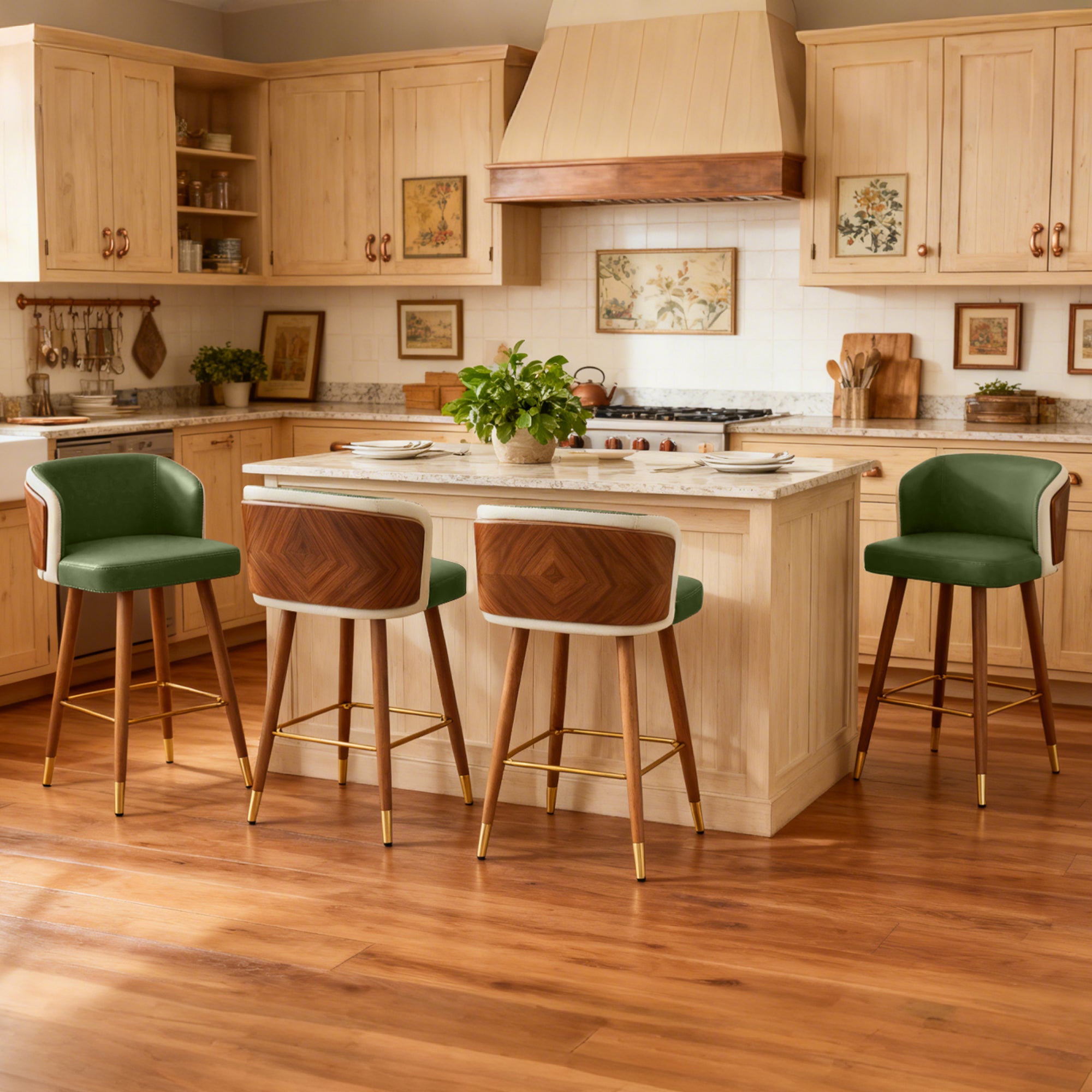 Mid Century Modern Bar Stools for Counter Height - Leather Upholstered Seat with Walnut Wood Frame, Retro 33 Inch Bar Chairs for Home Kitchen Island, Bar, Breakfast Nook