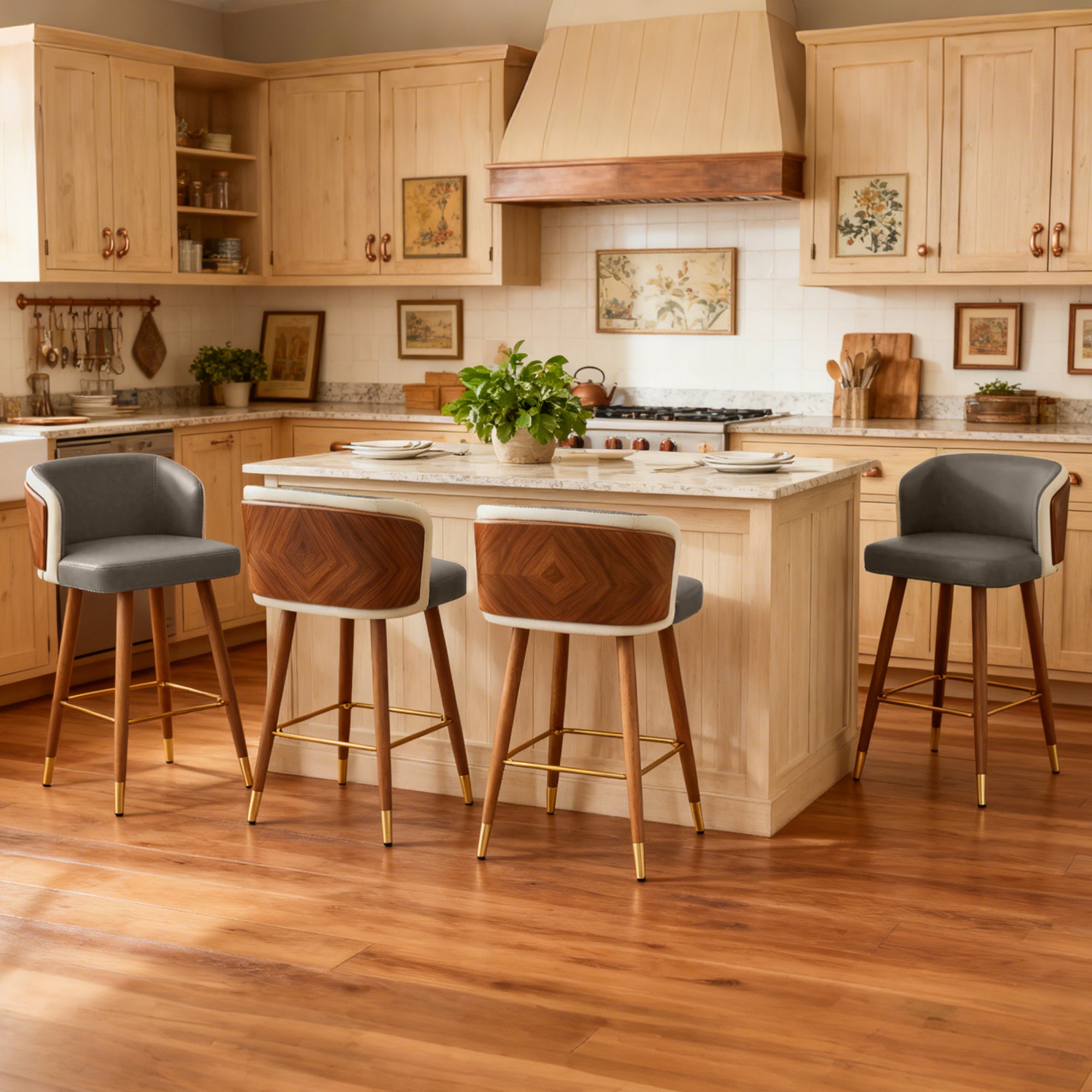 Mid Century Modern Bar Stools for Counter Height - Leather Upholstered Seat with Walnut Wood Frame, Retro 33 Inch Bar Chairs for Home Kitchen Island, Bar, Breakfast Nook