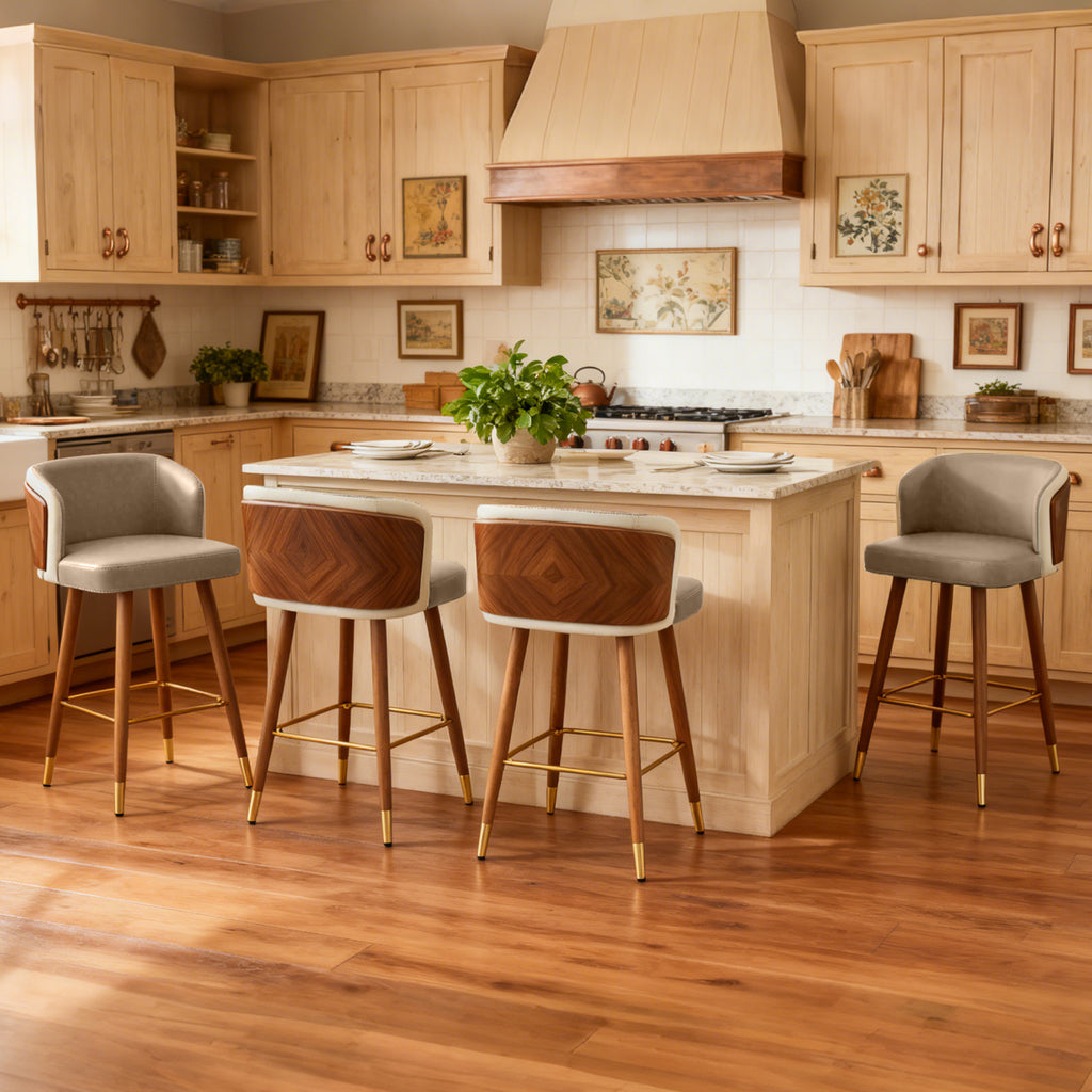 Mid Century Modern Bar Stools for Counter Height - Leather Upholstered Seat with Walnut Wood Frame, Retro 33 Inch Bar Chairs for Home Kitchen Island, Bar, Breakfast Nook