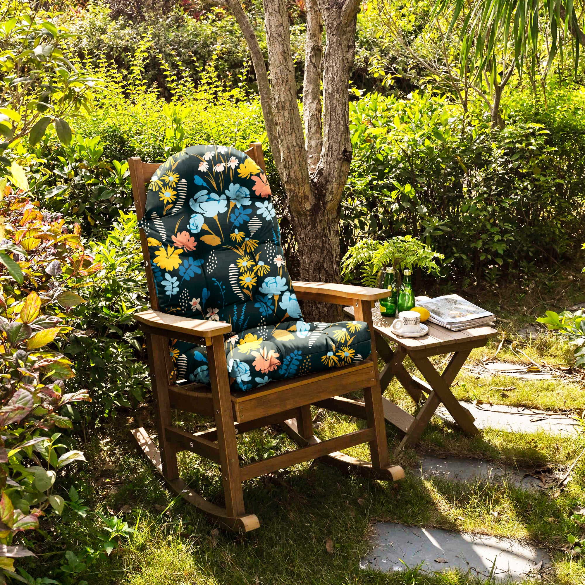 Floral High-Back Seat Cushion - Waterproof Outdoor Adirondack Chair Cushion for Patio Furniture with Tie, Vibrant Patterns, Premium Elastic Padding, Multi-Scenario Use