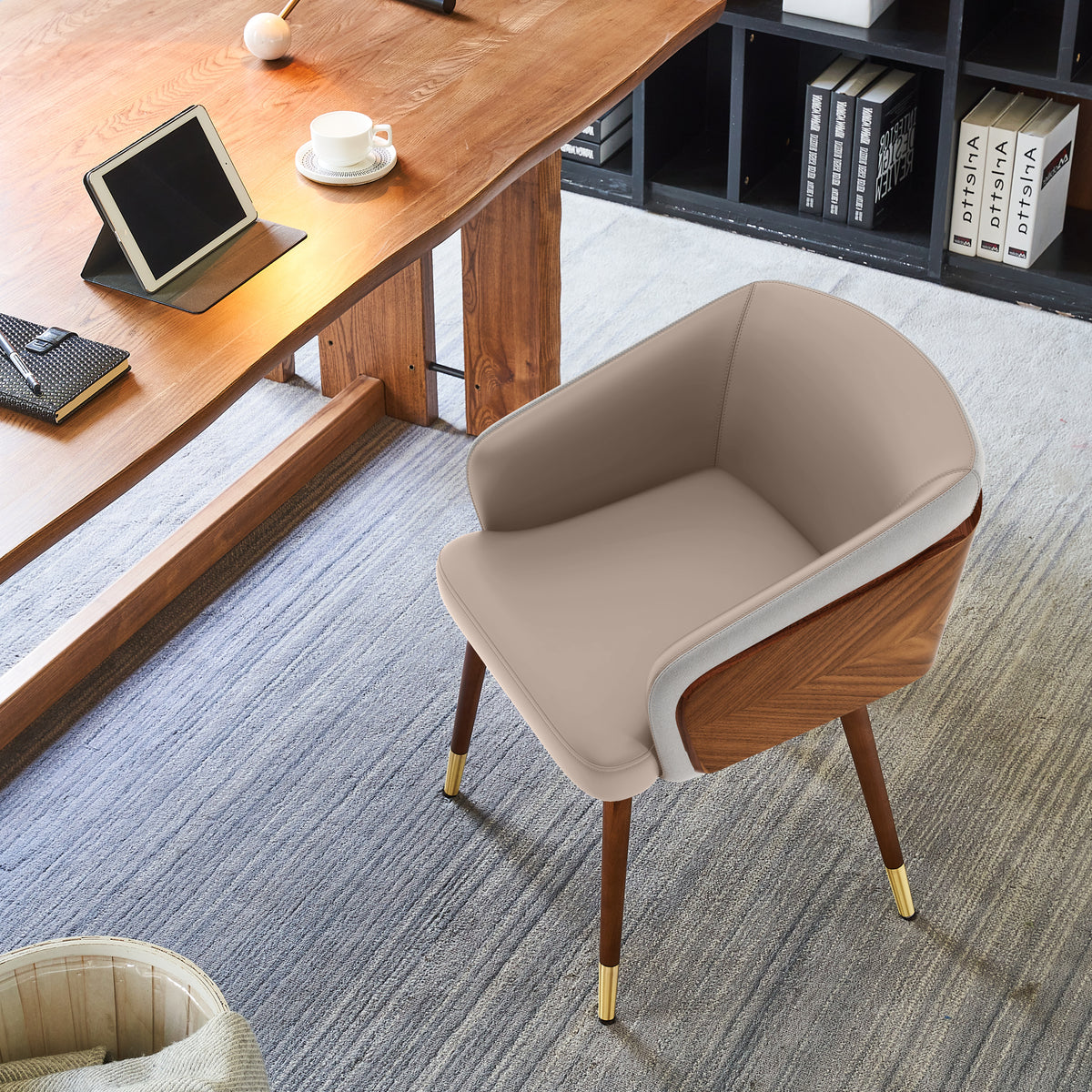 ARTPLAN Modern Dining Chair Faux Leather, Walnut Top Metal Legs Kitchen Seat，set of 1/set of 2