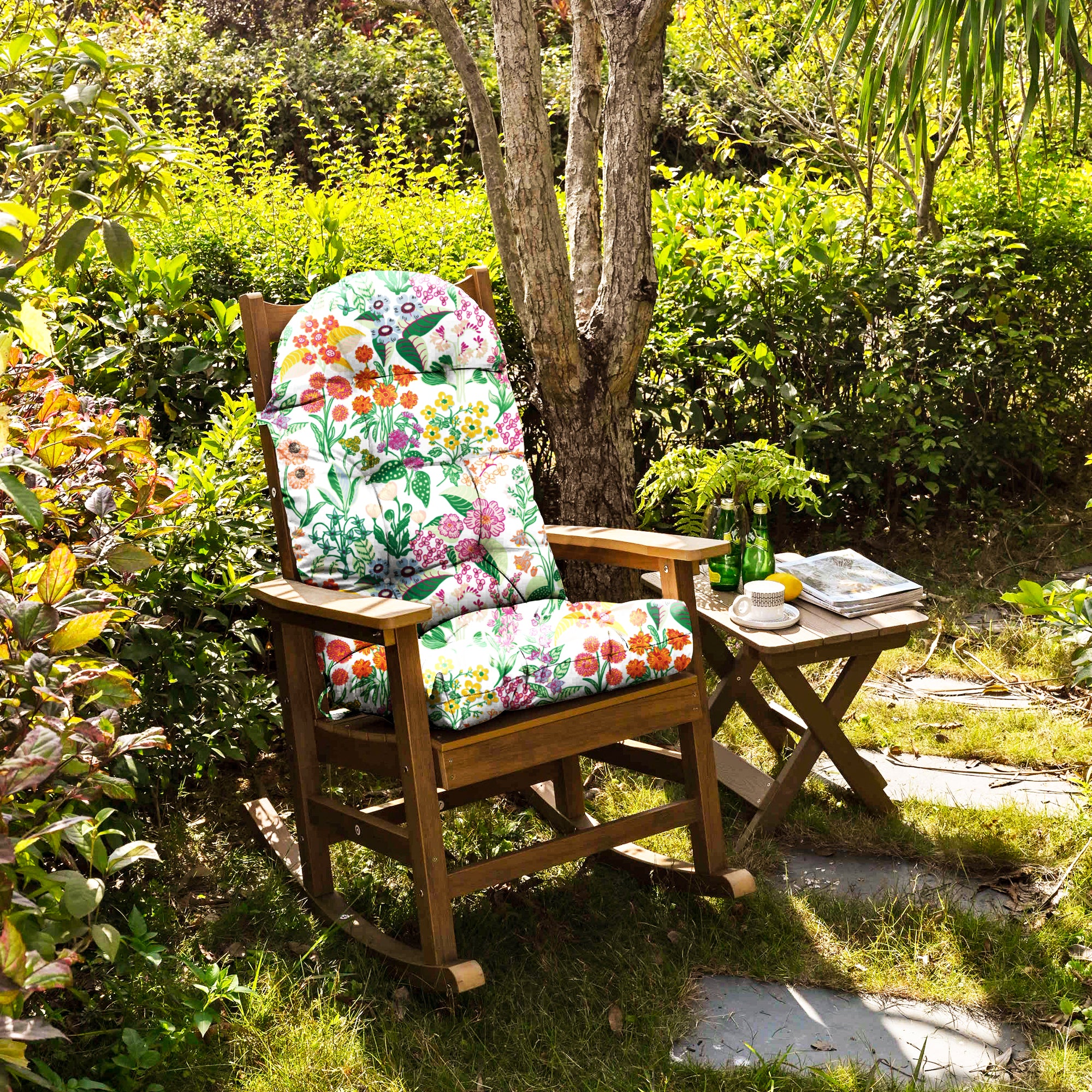 Floral High-Back Seat Cushion - Waterproof Outdoor Adirondack Chair Cushion for Patio Furniture with Tie, Vibrant Patterns, Premium Elastic Padding, Multi-Scenario Use