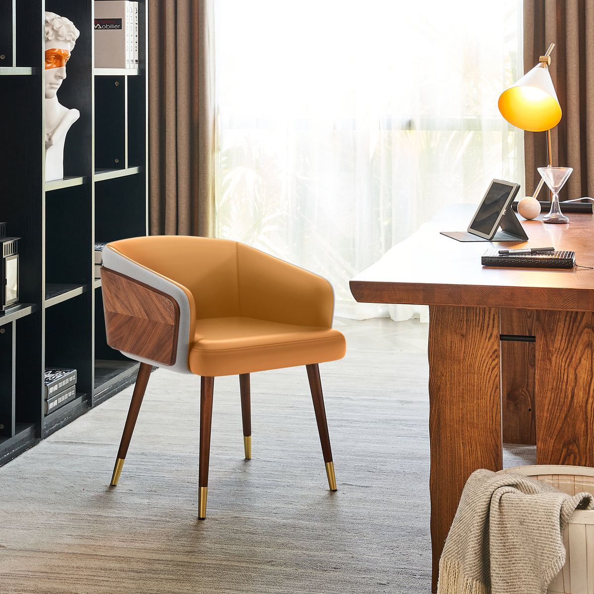 ARTPLAN Modern Dining Chair Faux Leather, Walnut Top Metal Legs Kitchen Seat，set of 1/set of 2