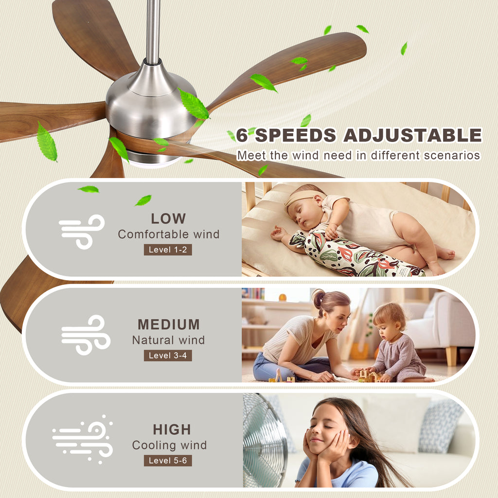 52 Inch Ceiling Fan with Light and Remote Control, 6-Speed Reversible Quiet DC Motor, 3 Color Temperatures LED Light, 3 Timer Settings, Adjustable Height for Large Room, Bedroom, Living Room (Walnut/Black/Orginal/White/Sakuragi)