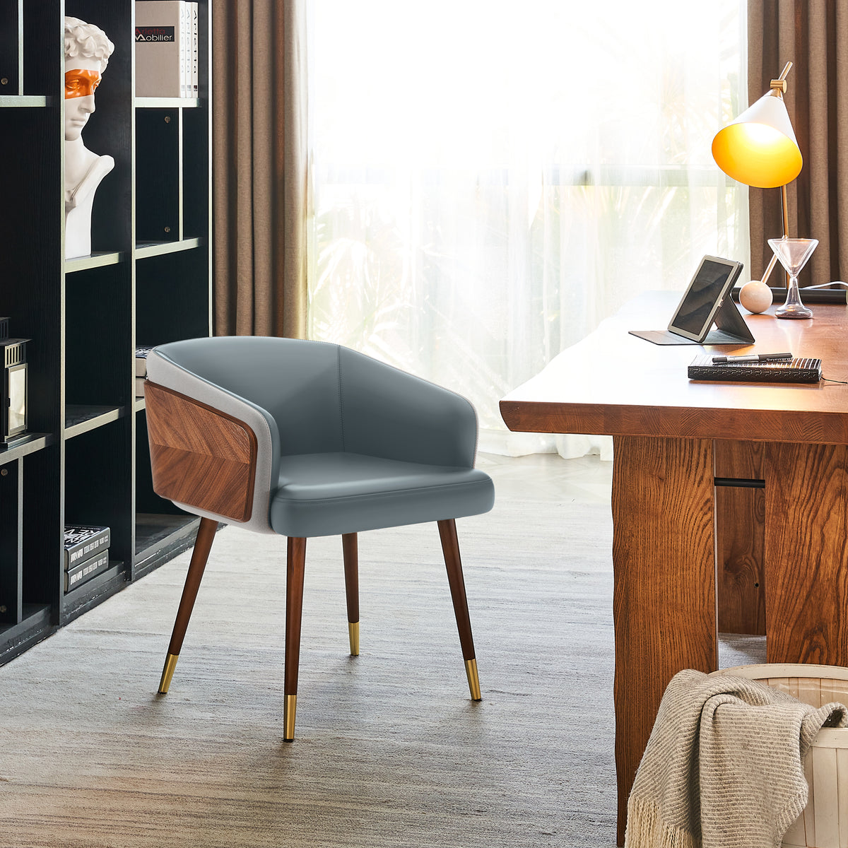 ARTPLAN Modern Dining Chair Faux Leather, Walnut Top Metal Legs Kitchen Seat，set of 1/set of 2