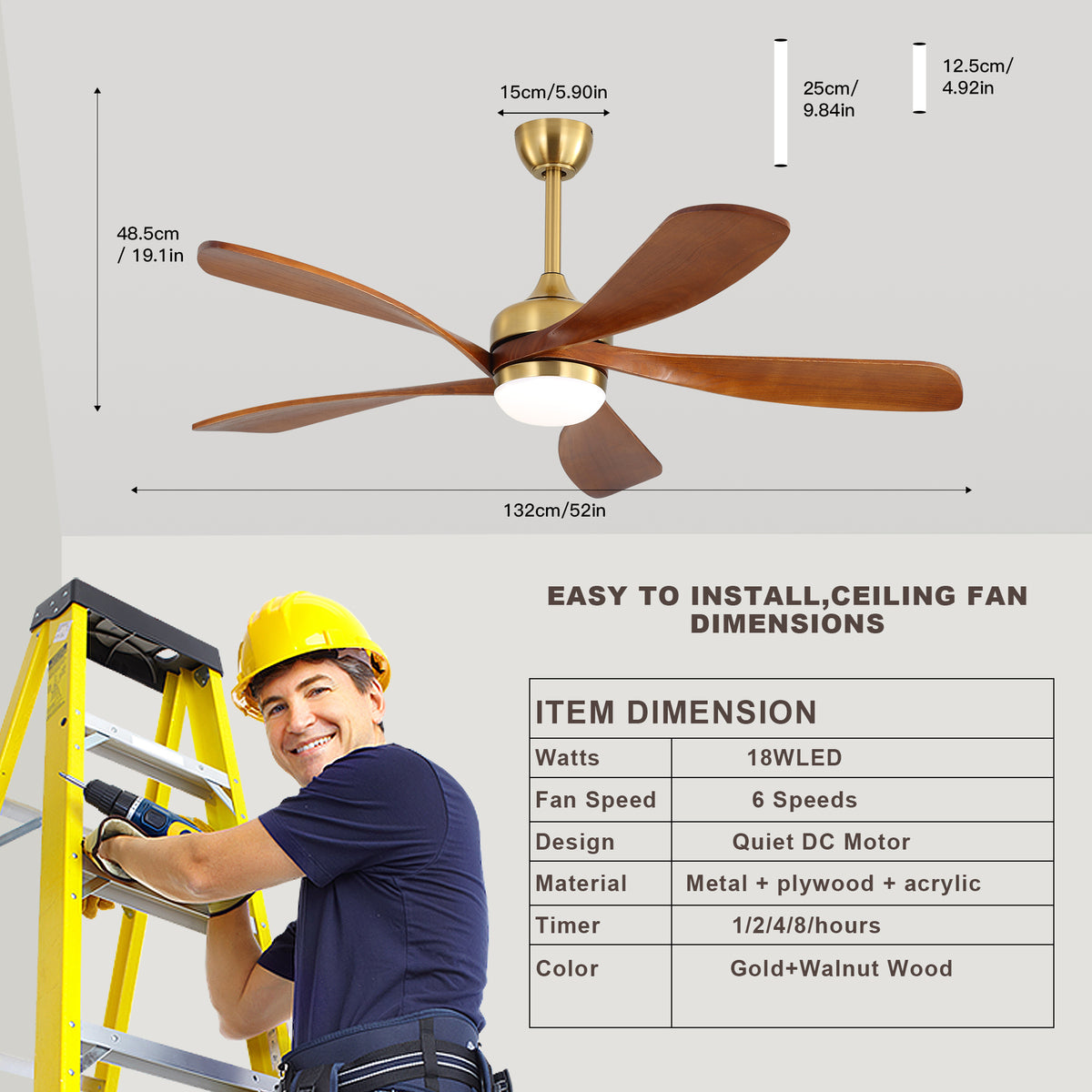 52 Inch Ceiling Fan with Light and Remote Control, 6-Speed Reversible Quiet DC Motor, 3 Color Temperatures LED Light, 3 Timer Settings, Adjustable Height for Large Room, Bedroom, Living Room (Walnut/Black/Orginal/White/Sakuragi)
