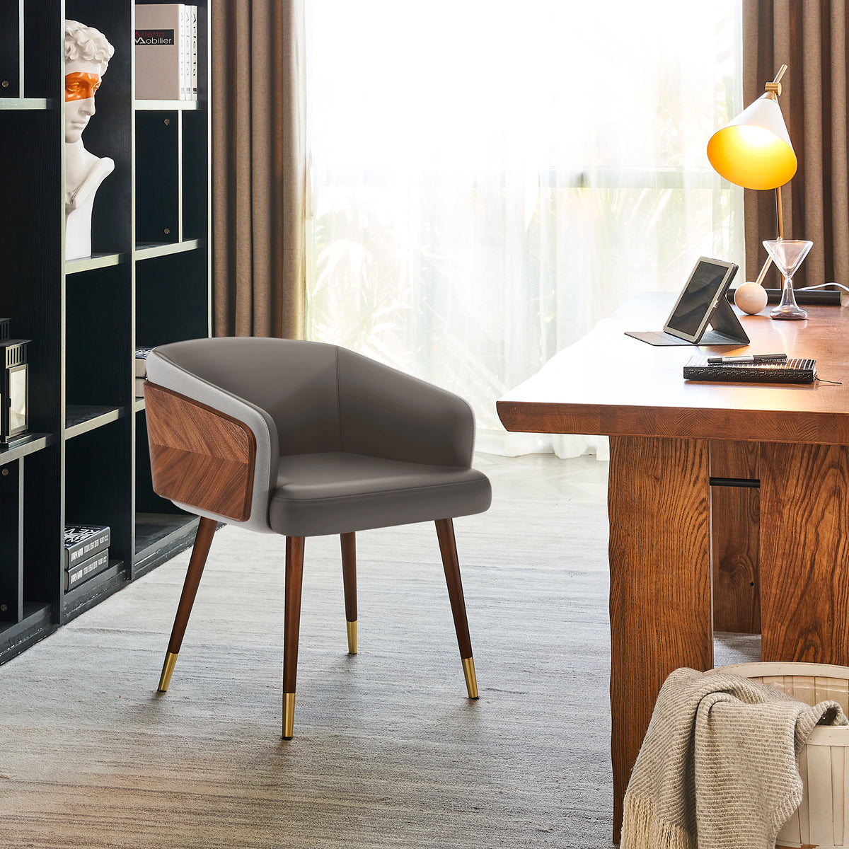 ARTPLAN Modern Dining Chair Faux Leather, Walnut Top Metal Legs Kitchen Seat，set of 1/set of 2