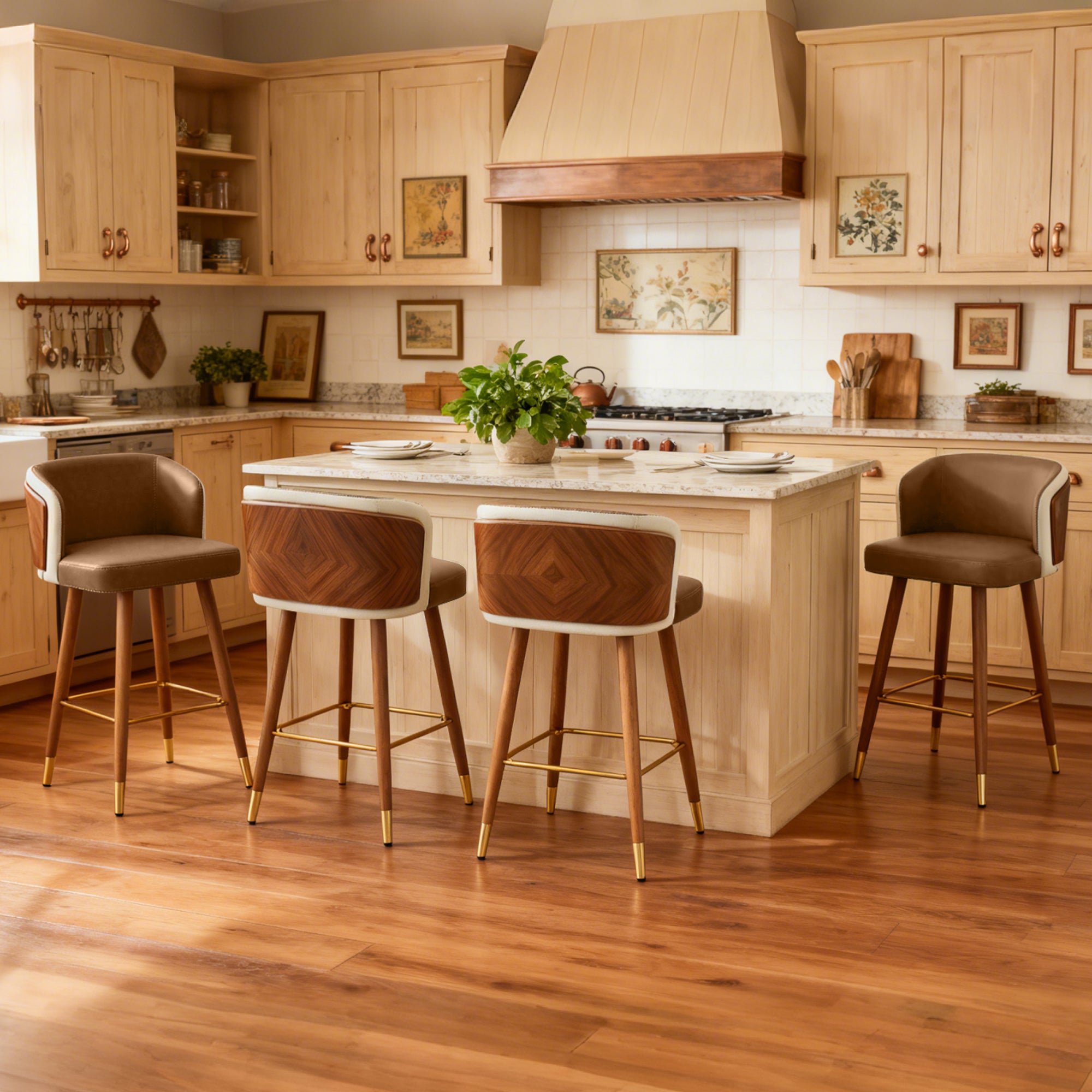Mid Century Modern Bar Stools for Counter Height - Leather Upholstered Seat with Walnut Wood Frame, Retro 33 Inch Bar Chairs for Home Kitchen Island, Bar, Breakfast Nook