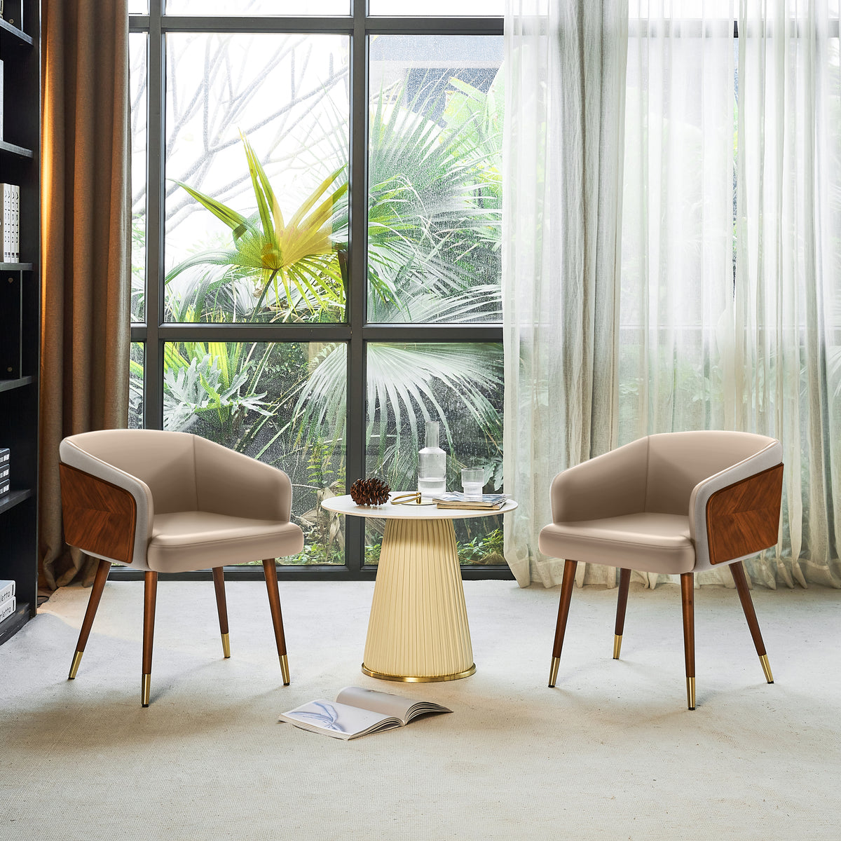 ARTPLAN Modern Dining Chair Faux Leather, Walnut Top Metal Legs Kitchen Seat，set of 1/set of 2