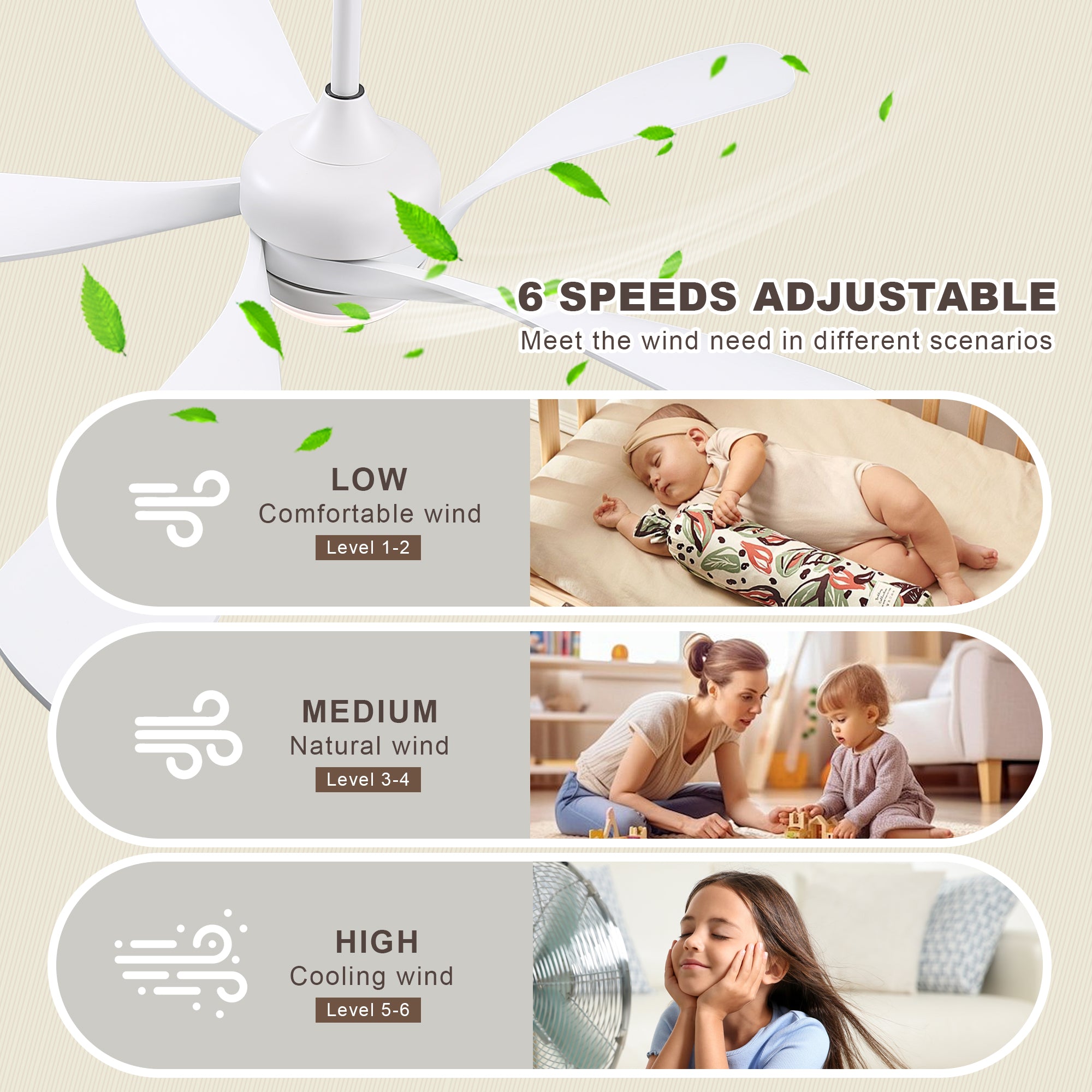 52 Inch Ceiling Fan with Light and Remote Control, 6-Speed Reversible Quiet DC Motor, 3 Color Temperatures LED Light, 3 Timer Settings, Adjustable Height for Large Room, Bedroom, Living Room (Walnut/Black/Orginal/White/Sakuragi)
