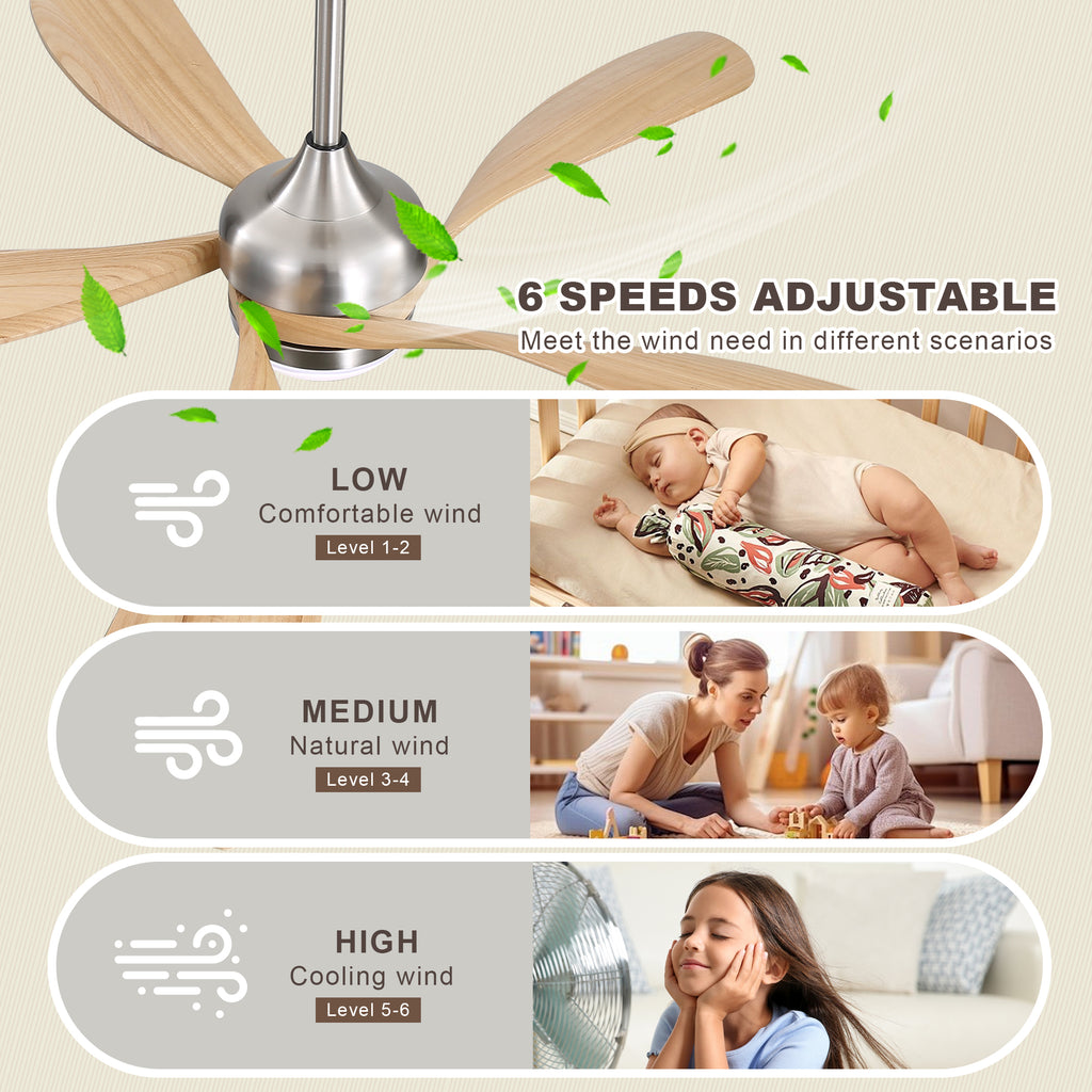 52 Inch Ceiling Fan with Light and Remote Control, 6-Speed Reversible Quiet DC Motor, 3 Color Temperatures LED Light, 3 Timer Settings, Adjustable Height for Large Room, Bedroom, Living Room (Walnut/Black/Orginal/White/Sakuragi)