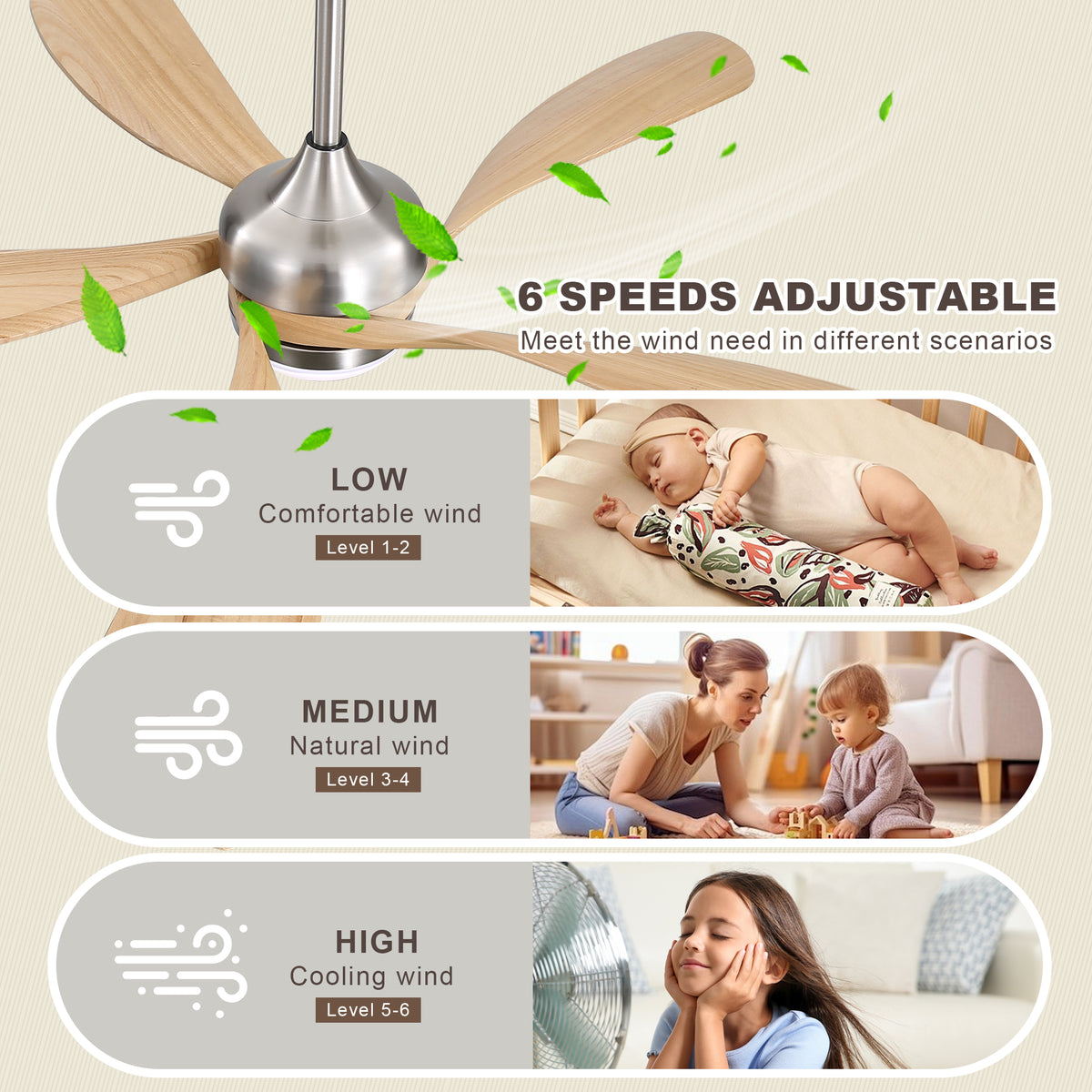 52 Inch Ceiling Fan with Light and Remote Control, 6-Speed Reversible Quiet DC Motor, 3 Color Temperatures LED Light, 3 Timer Settings, Adjustable Height for Large Room, Bedroom, Living Room (Walnut/Black/Orginal/White/Sakuragi)