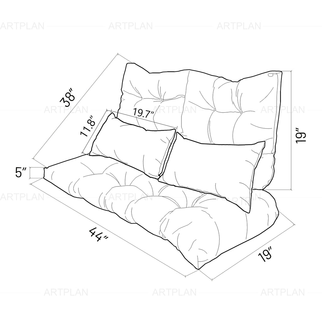 ARTPLAN 5 Piece Patio Loveseat Bench Cushion Set, Wicker Outdoor Pillow Pads ,44"19"4",19"19"4"