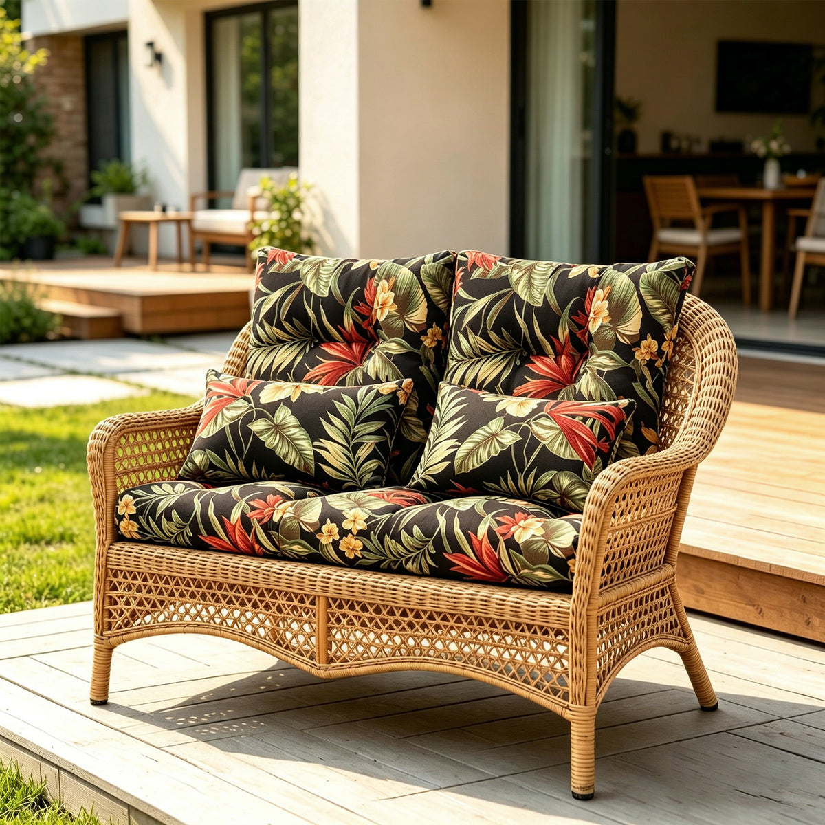ARTPLAN Outdoor Cushions for Settee,Wicker Loveseat Cushions with Tie,Tufted Patio Cushions 2 U-Shaped Set of 5 Piece,L44xW19，Floral
