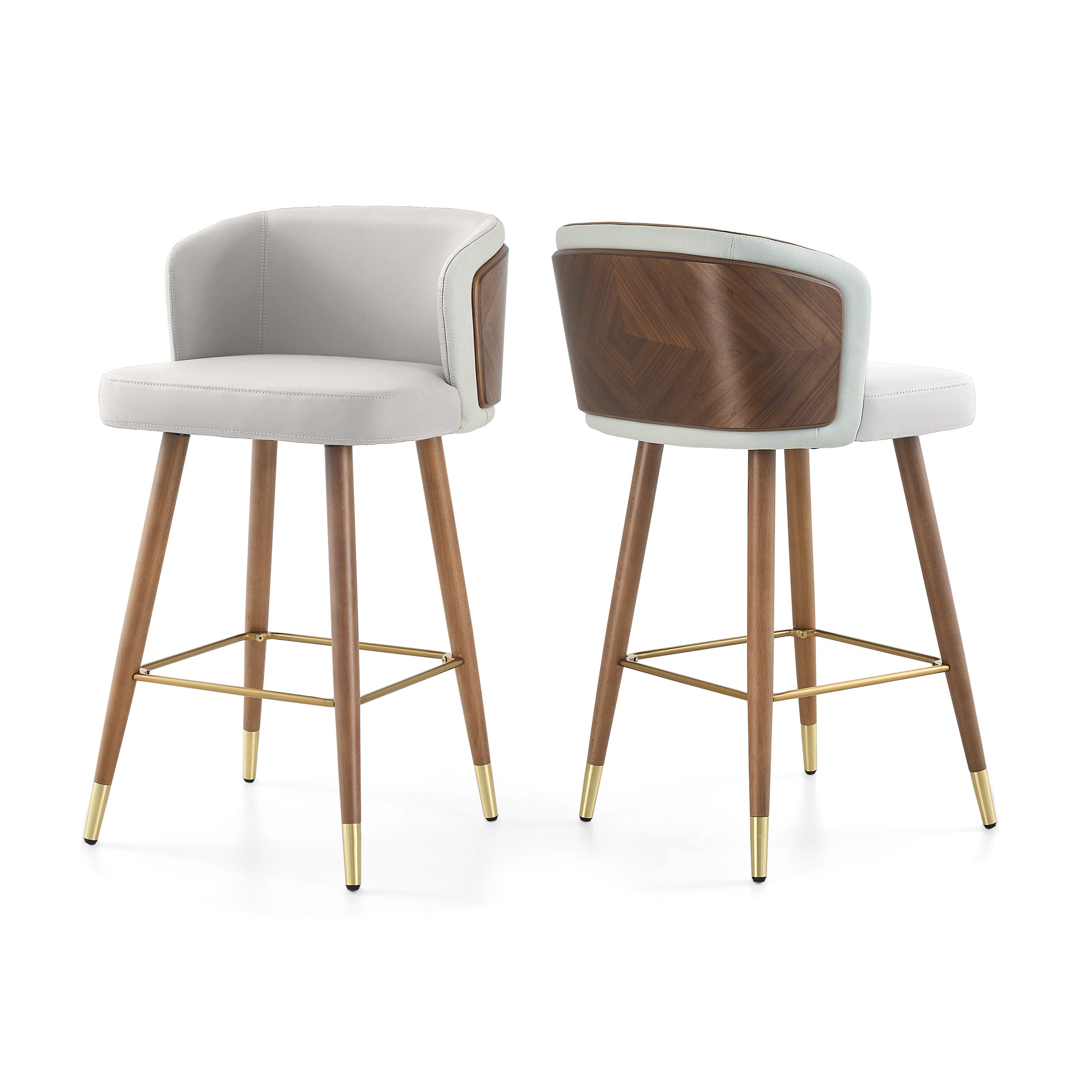 Mid Century Modern Bar Stools for Counter Height - Leather Upholstered Seat with Walnut Wood Frame, Retro 33 Inch Bar Chairs for Home Kitchen Island, Bar, Breakfast Nook