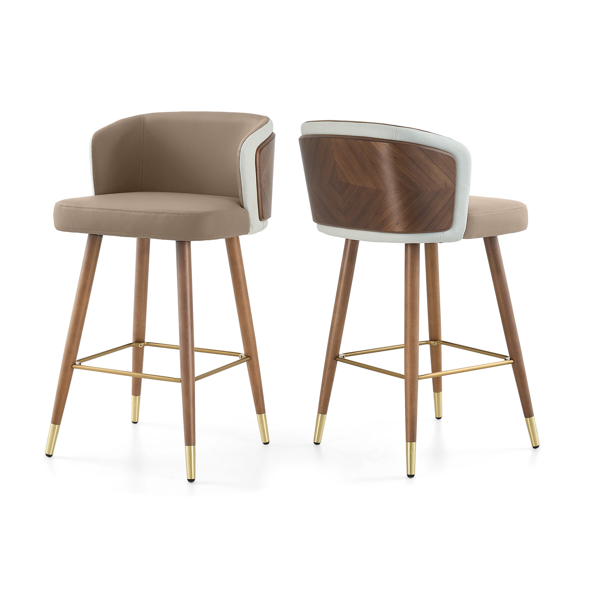 Mid Century Modern Bar Stools for Counter Height - Leather Upholstered Seat with Walnut Wood Frame, Retro 33 Inch Bar Chairs for Home Kitchen Island, Bar, Breakfast Nook