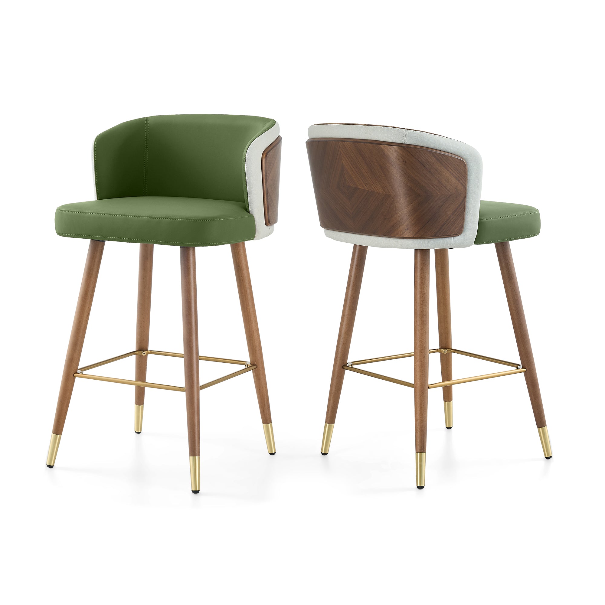 Mid Century Modern Bar Stools for Counter Height - Leather Upholstered Seat with Walnut Wood Frame, Retro 33 Inch Bar Chairs for Home Kitchen Island, Bar, Breakfast Nook