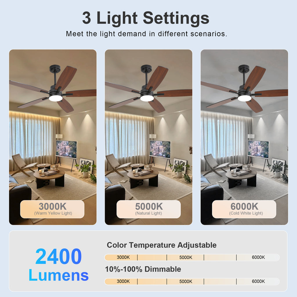 Ceiling Fans with Lights and Remote - 52 Inch Flush Mount Ceiling Fan with Noiseless Reversible DC Motor Timer LED Ceiling Fan for Bedroom Living Room Dining Room