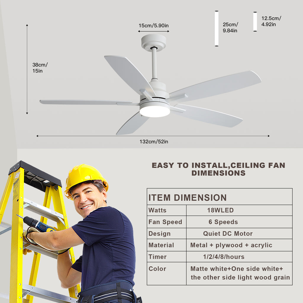 Ceiling Fans with Lights and Remote - 52 Inch Flush Mount Ceiling Fan with Noiseless Reversible DC Motor Timer LED Ceiling Fan for Bedroom Living Room Dining Room
