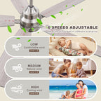 Ceiling Fans with Lights and Remote - 52 Inch Flush Mount Ceiling Fan with Noiseless Reversible DC Motor Timer LED Ceiling Fan for Bedroom Living Room Dining Room
