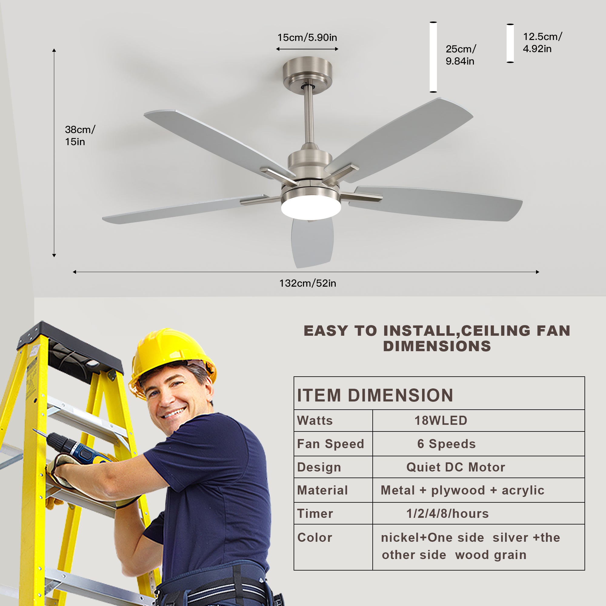 Ceiling Fans with Lights and Remote - 52 Inch Flush Mount Ceiling Fan with Noiseless Reversible DC Motor Timer LED Ceiling Fan for Bedroom Living Room Dining Room