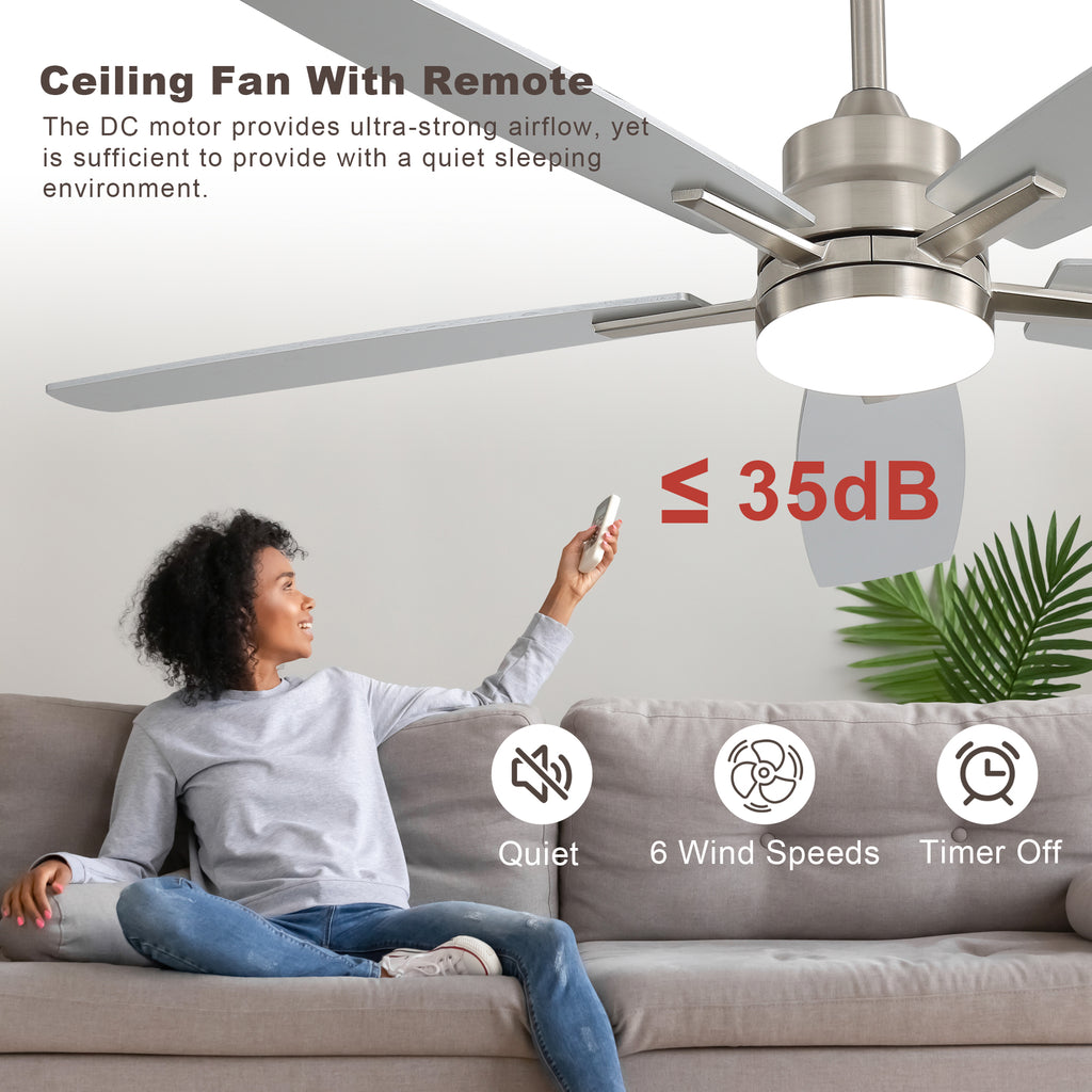 Ceiling Fans with Lights and Remote - 52 Inch Flush Mount Ceiling Fan with Noiseless Reversible DC Motor Timer LED Ceiling Fan for Bedroom Living Room Dining Room
