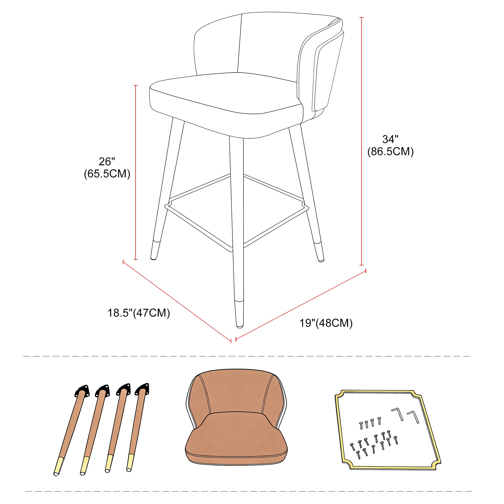Mid Century Modern Bar Stools for Counter Height - Leather Upholstered Seat with Walnut Wood Frame, Retro 33 Inch Bar Chairs for Home Kitchen Island, Bar, Breakfast Nook