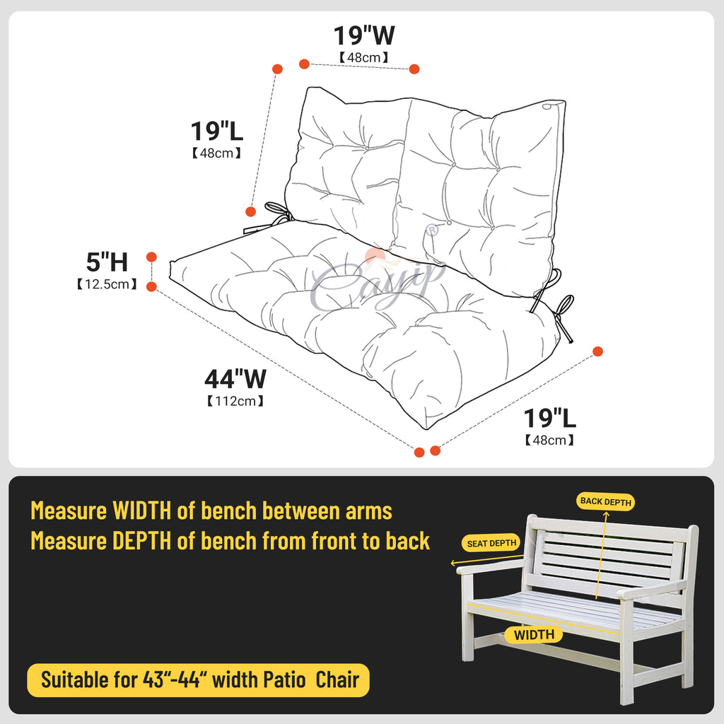 3 Pieces Outdoor Chair Cushions Set–Waterproof Tufted Cushions with Ties for Patio coversation, Loveseat & Bench, 44"x19"x5" UV-Resistant & Fade-Proof with Premium Polyester Filled