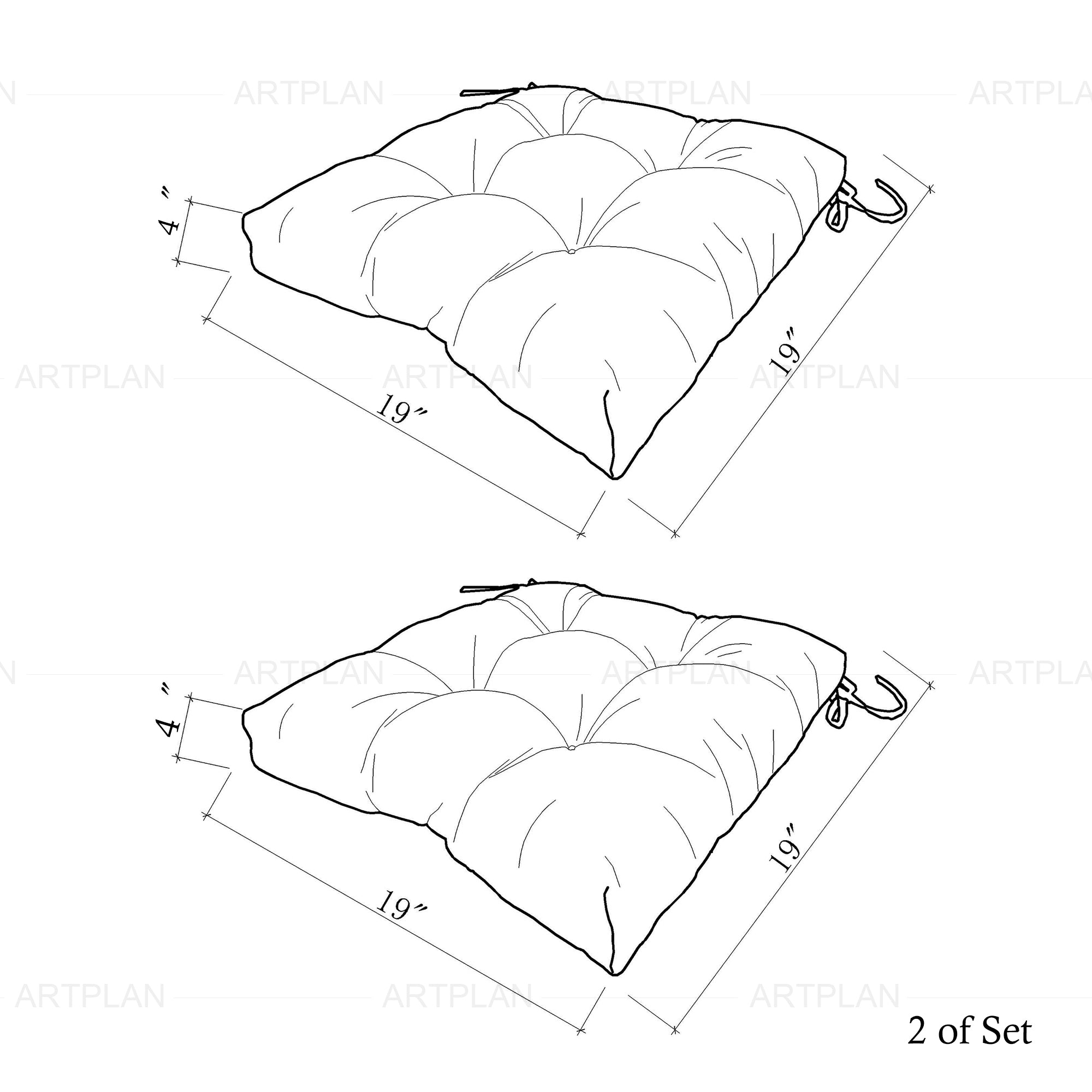 ARTPLANT Outdoor Dinning Seat Pads Cushions with Tie 19"x19"x4",Square Wicker Outdoor Tufted Chair Cushion,Set of 2