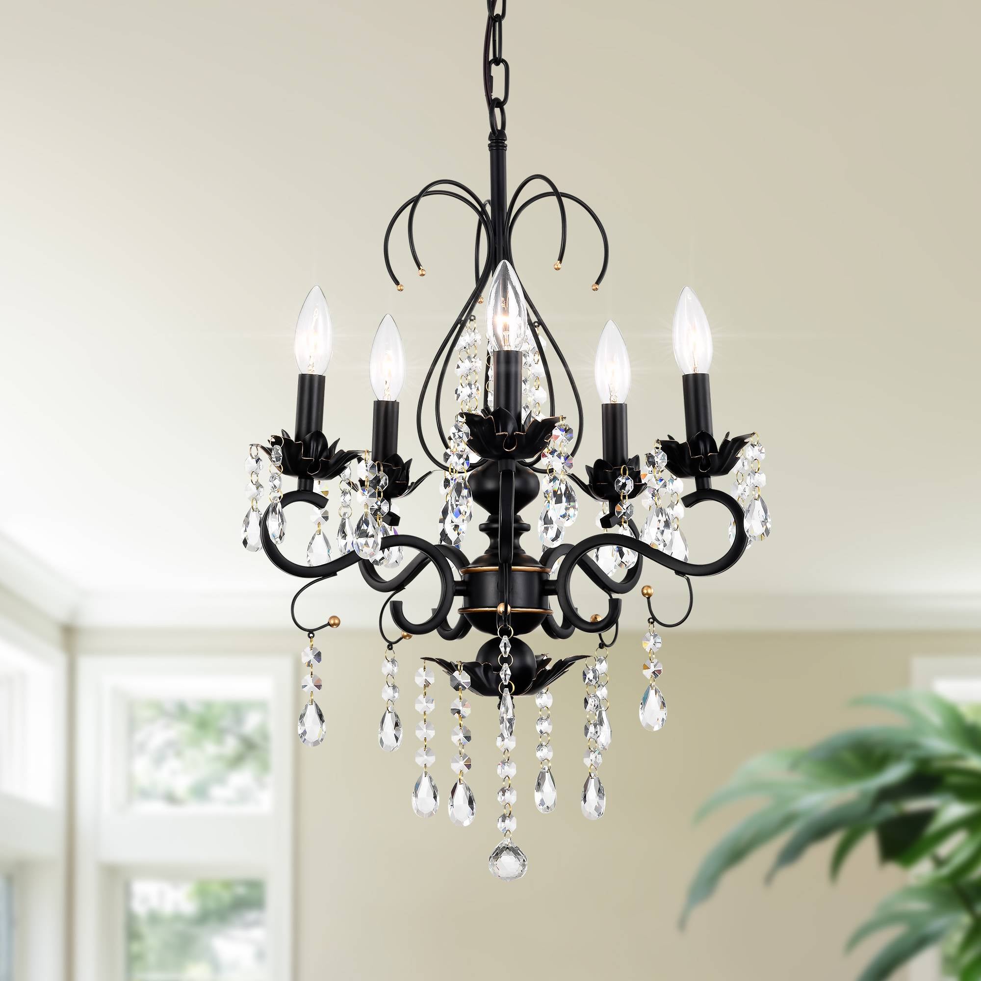 Crystal Chandeliers Clear Chandelier 6-Light Modern Pendant Ceiling Lighting Fixture with Adjustable Chain Length, Vintage Black Light Fixture for Living Room, Farmhouse, Kitchen