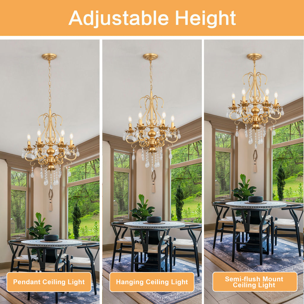 Crystal Chandeliers Clear Chandelier 6-Light Modern Pendant Ceiling Lighting Fixture with Adjustable Chain Length, Vintage Black Light Fixture for Living Room, Farmhouse, Kitchen