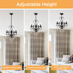 Crystal Chandeliers Clear Chandelier 6-Light Modern Pendant Ceiling Lighting Fixture with Adjustable Chain Length, Vintage Black Light Fixture for Living Room, Farmhouse, Kitchen