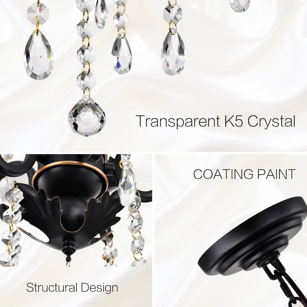 Crystal Chandeliers Clear Chandelier 6-Light Modern Pendant Ceiling Lighting Fixture with Adjustable Chain Length, Vintage Black Light Fixture for Living Room, Farmhouse, Kitchen