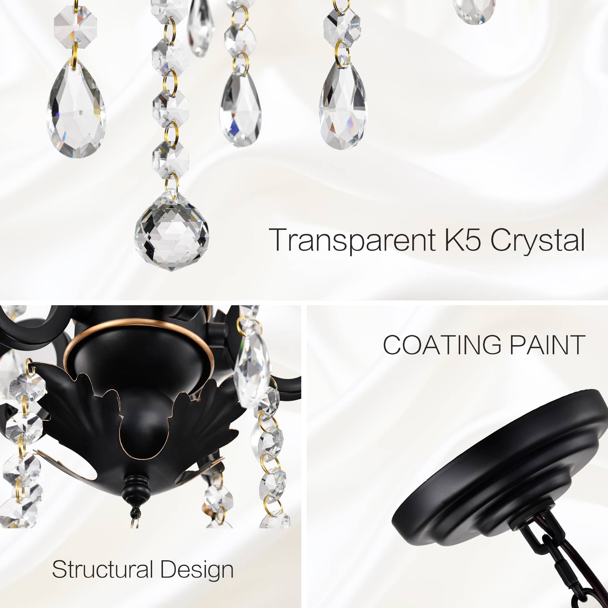 Crystal Chandeliers Clear Chandelier 6-Light Modern Pendant Ceiling Lighting Fixture with Adjustable Chain Length, Vintage Black Light Fixture for Living Room, Farmhouse, Kitchen